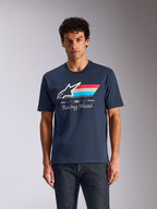 Alpinestars Trifecta CSF Tee, koszulka z krótkim rękawem, granatowa, białe logo Astars z czerwono-biało-niebieskimi paskami, grafika „Racing Ahead”, codzienna odzież motorsportowa streetwear
