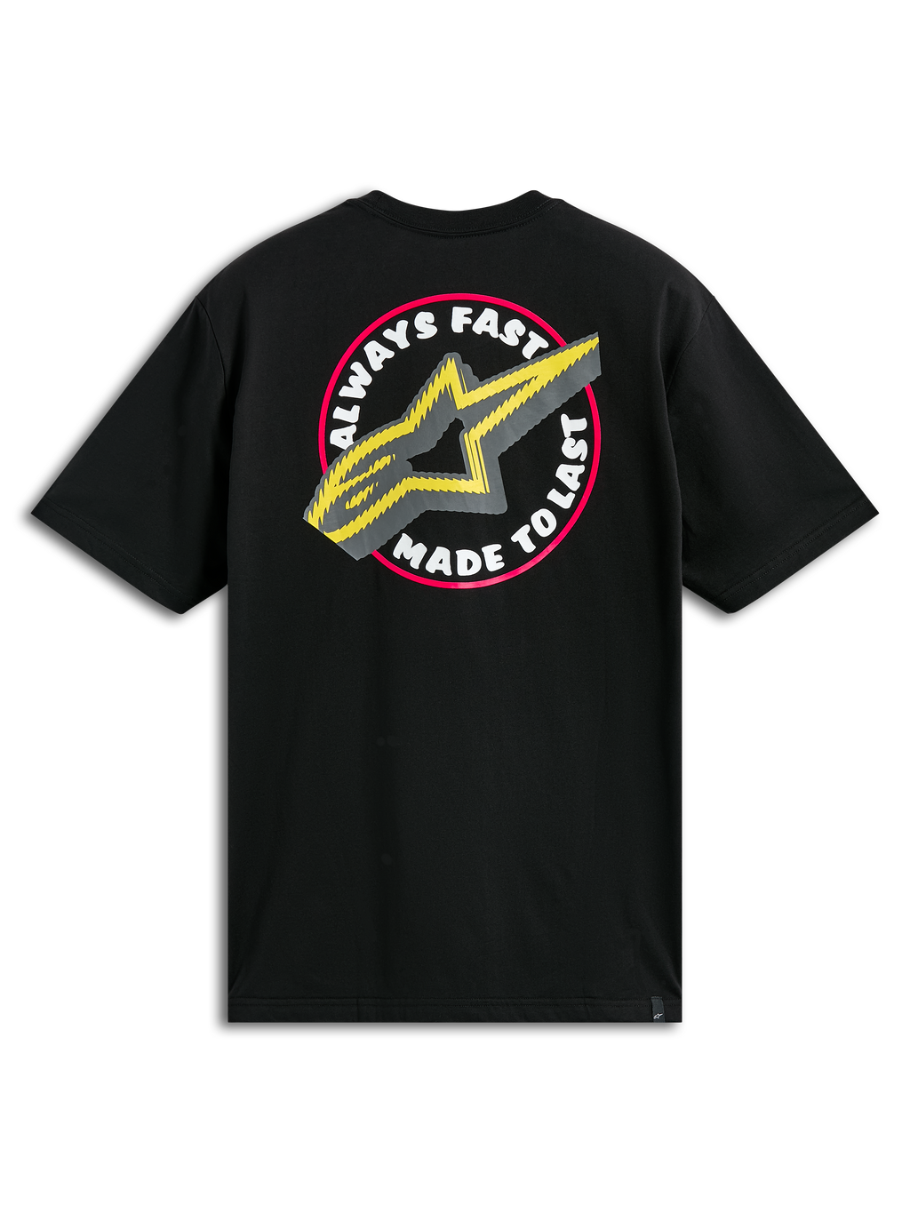 Alpinestars Aorbit CSF Tee, czarna koszulka z krótkim rękawem, duża okrągła grafika na plecach z napisem „Always Fast Made to Last” i żółtym logo A-star, codzienna odzież streetwearowa w stylu motorsportowym