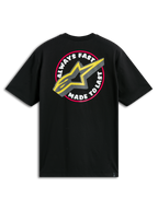 Alpinestars Aorbit CSF Tee, czarna koszulka z krótkim rękawem, duża okrągła grafika na plecach z napisem „Always Fast Made to Last” i żółtym logo A-star, codzienna odzież streetwearowa w stylu motorsportowym