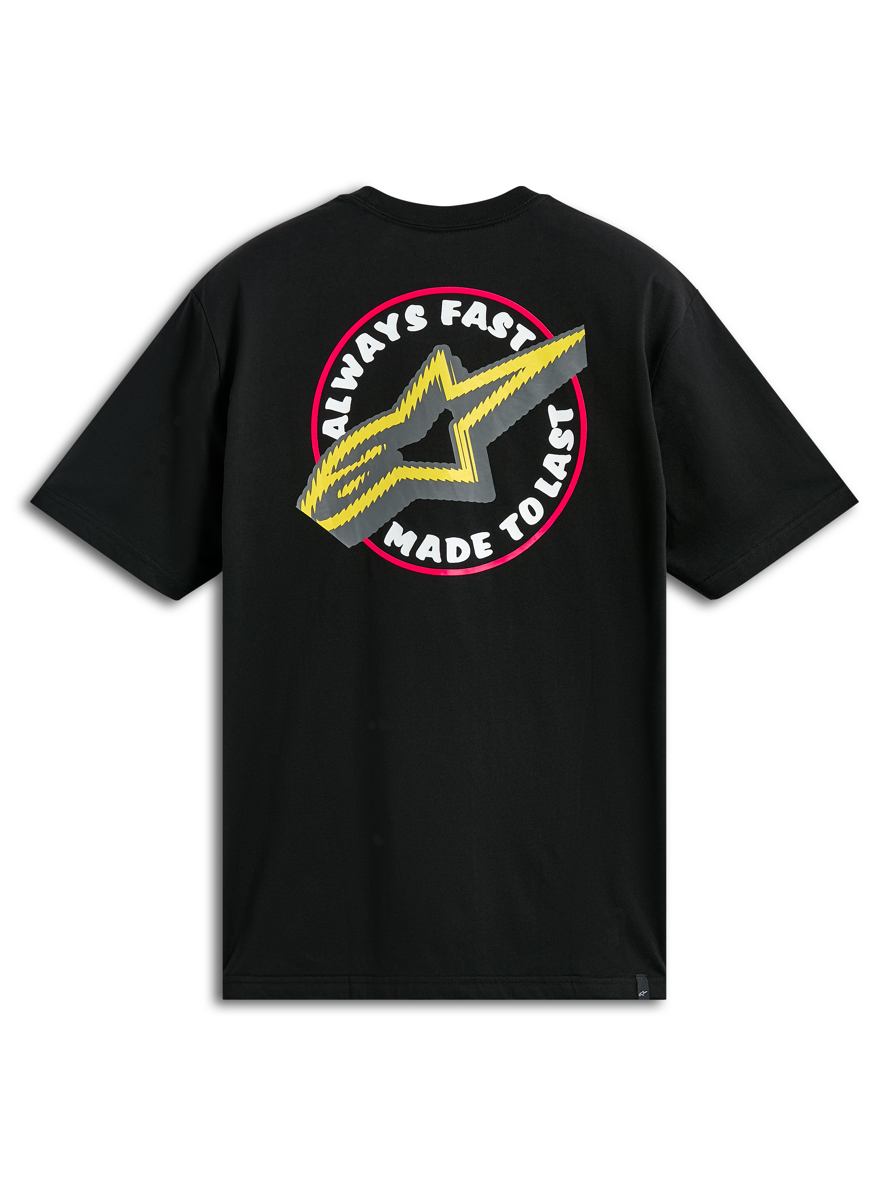 Alpinestars Aorbit CSF Tee, czarna koszulka z krótkim rękawem, duża okrągła grafika na plecach z napisem „Always Fast Made to Last” i żółtym logo A-star, codzienna odzież streetwearowa w stylu motorsportowym