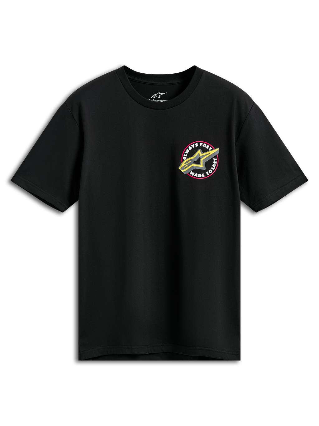 Alpinestars Aorbit CSF Tee, koszulka z krótkim rękawem, czarna, różowe i żółte logo Astars z grafiką Always Fast Made to Last, casualowa odzież motorsportowa