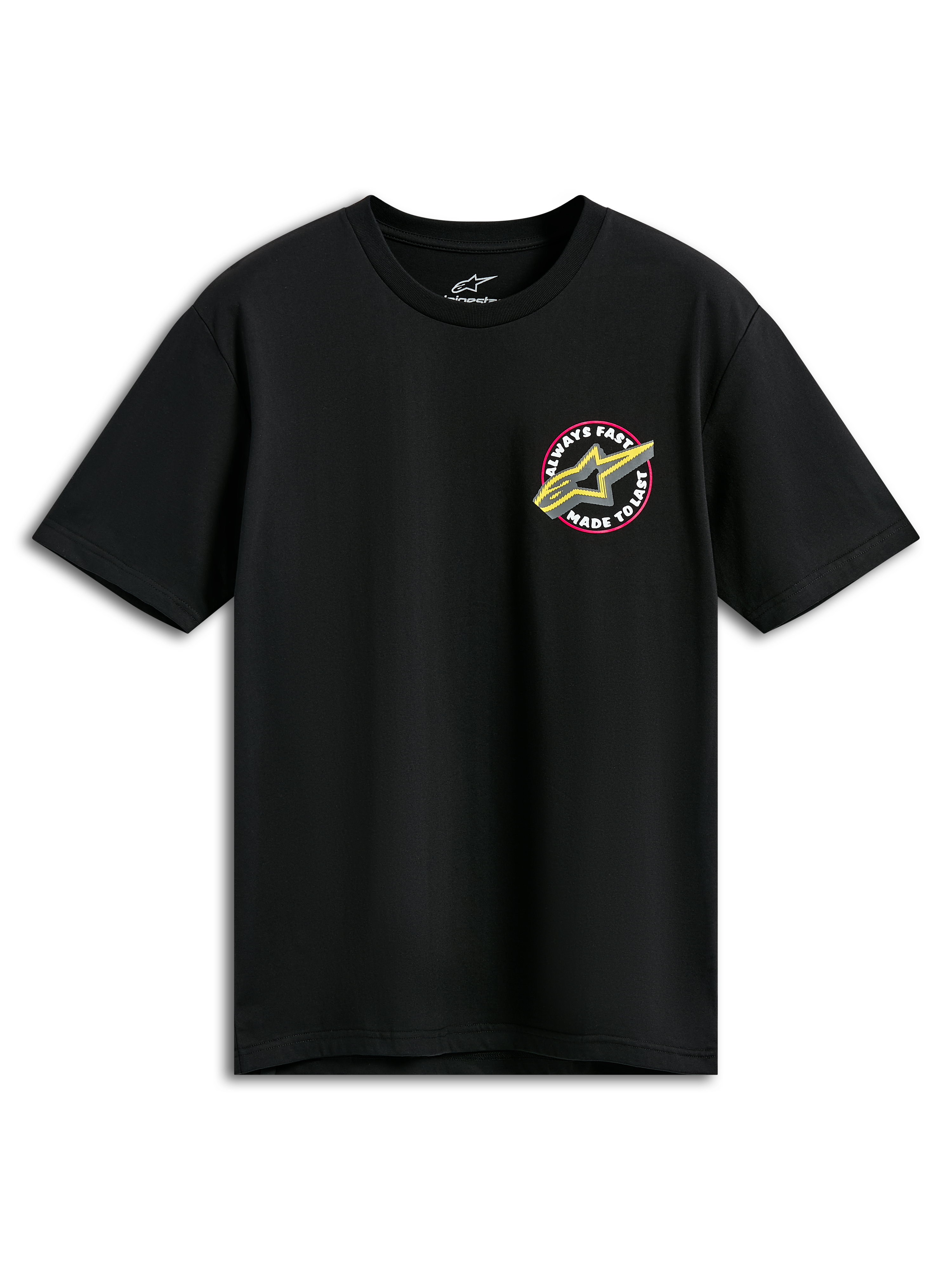 Alpinestars Aorbit CSF Tee, koszulka z krótkim rękawem, czarna, różowe i żółte logo Astars z grafiką Always Fast Made to Last, casualowa odzież motorsportowa