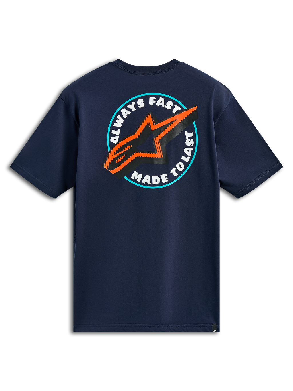 Alpinestars Aorbit CSF Tee, granatowa koszulka z krótkim rękawem, widok z tyłu z okrągłą grafiką „Always Fast Made to Last” i pomarańczowo-czarnym logo gwiazdy, codzienna odzież motorsportowa typu streetwear