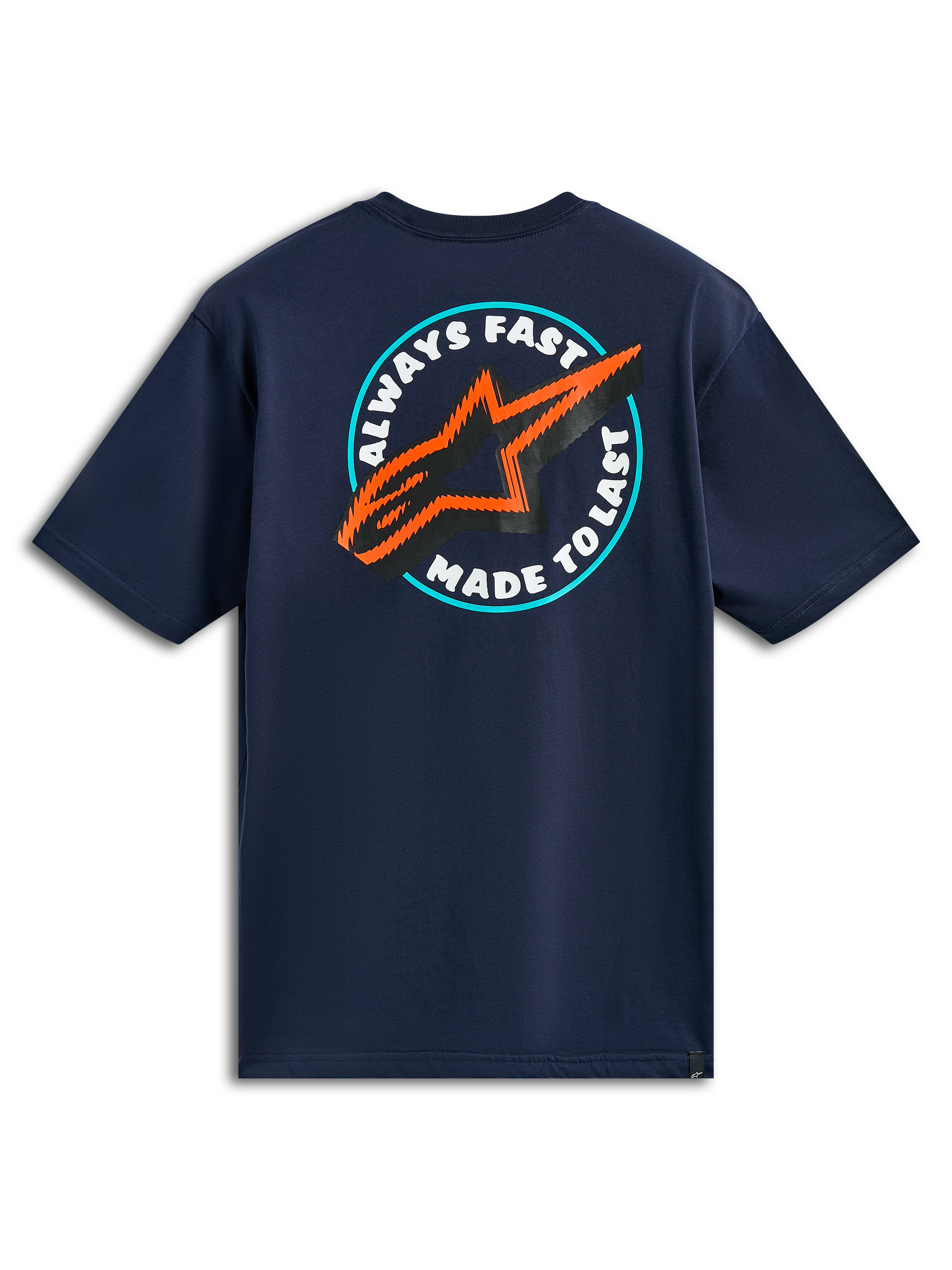 Alpinestars Aorbit CSF Tee, granatowa koszulka z krótkim rękawem, widok z tyłu z okrągłą grafiką „Always Fast Made to Last” i pomarańczowo-czarnym logo gwiazdy, codzienna odzież motorsportowa typu streetwear