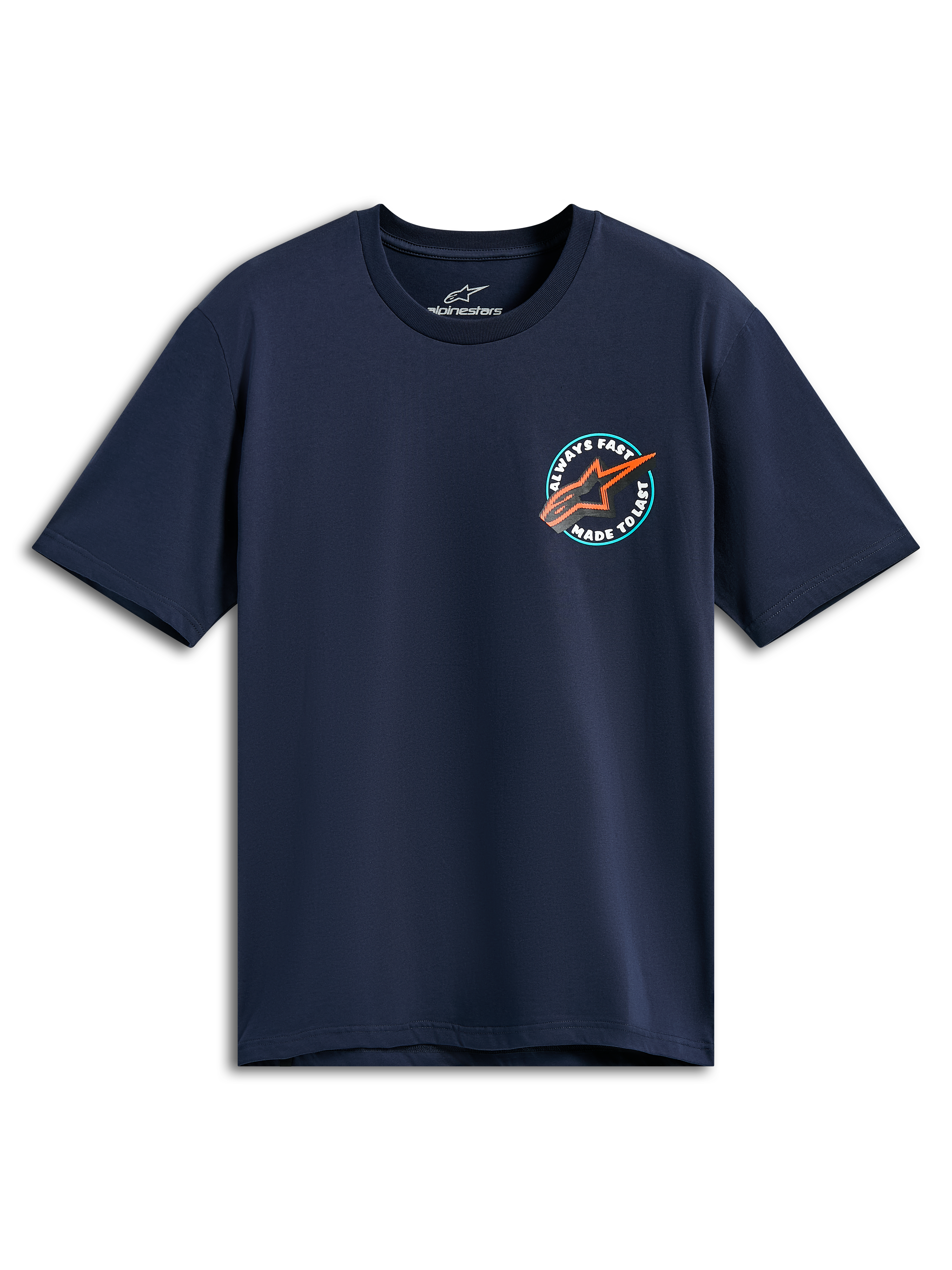 Alpinestars Aorbit CSF Tee, koszulka z krótkim rękawem, granatowa, okrągła grafika na piersi z pomarańczowym logo Astars i napisem „Always Fast Made to Last”, codzienna odzież sportowa