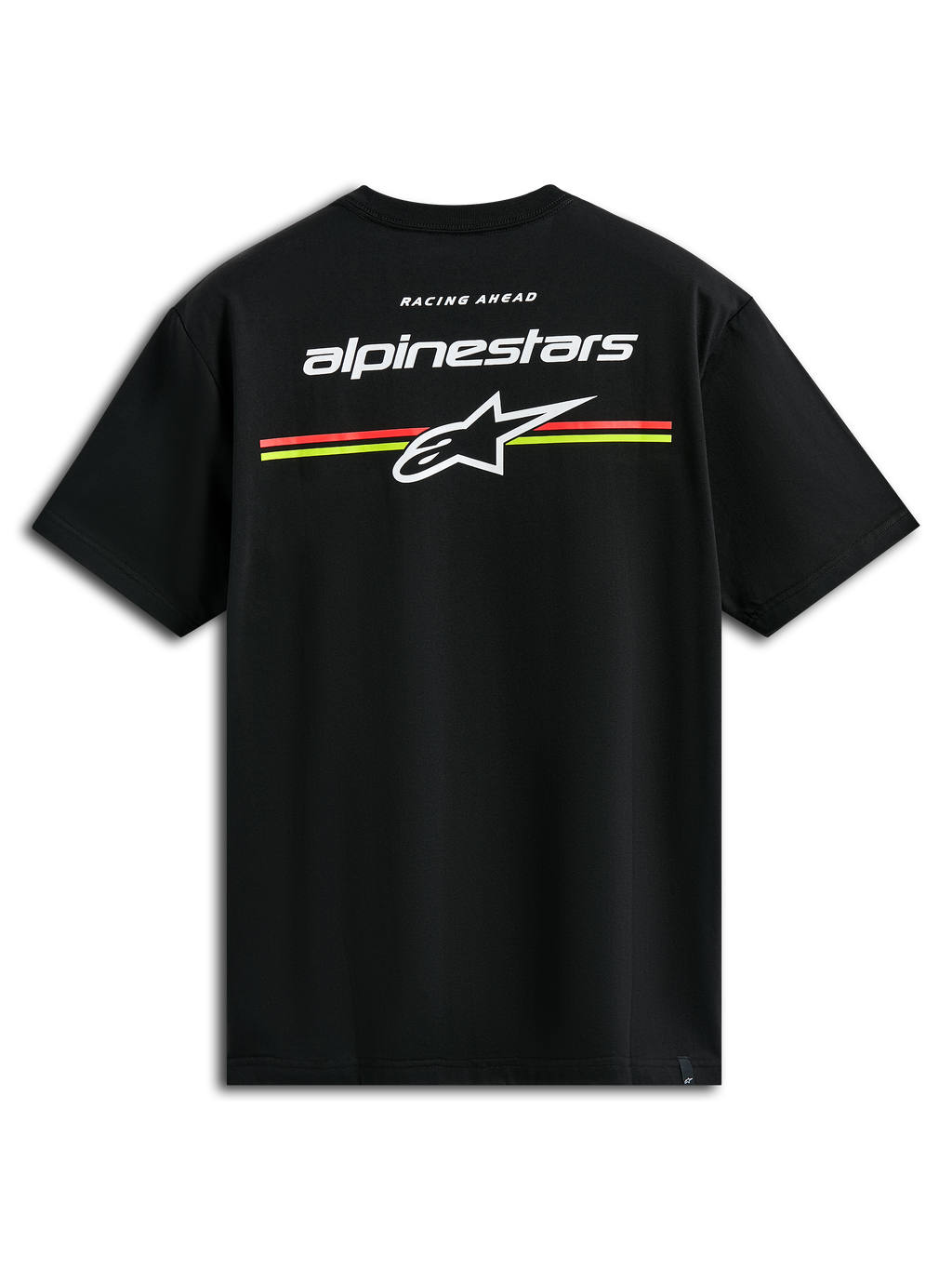 Alpinestars Lanes CSF Tee, koszulka z krótkim rękawem, czarna, białe logo Alpinestars i Astars z pomarańczowymi i żółtymi poziomymi pasami na plecach, codzienna odzież streetwearowa w stylu motorsportowym