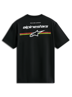 Alpinestars Lanes CSF Tee, koszulka z krótkim rękawem, czarna, białe logo Alpinestars i Astars z pomarańczowymi i żółtymi poziomymi pasami na plecach, codzienna odzież streetwearowa w stylu motorsportowym