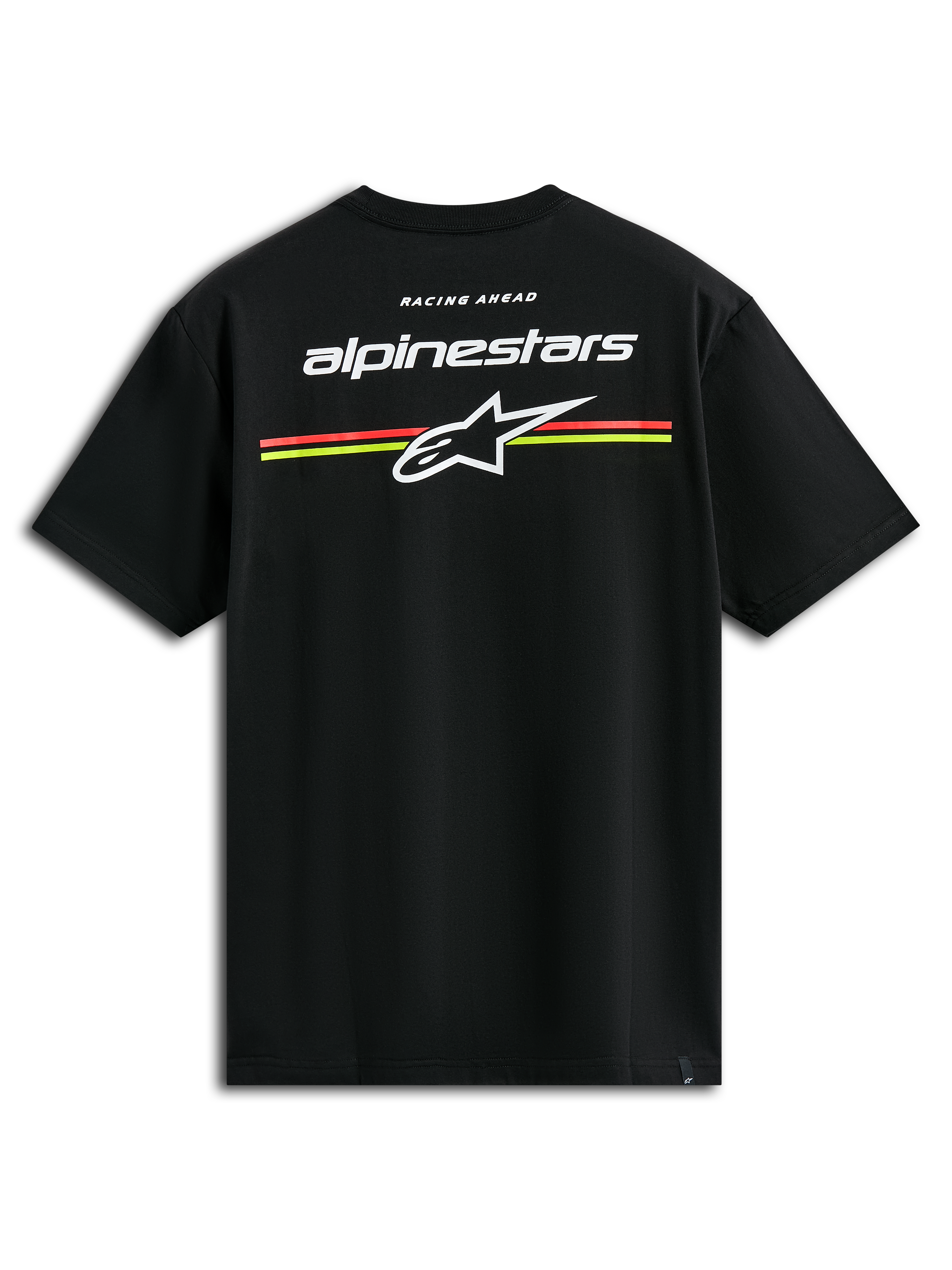 Alpinestars Lanes CSF Tee, koszulka z krótkim rękawem, czarna, białe logo Alpinestars i Astars z pomarańczowymi i żółtymi poziomymi pasami na plecach, codzienna odzież streetwearowa w stylu motorsportowym