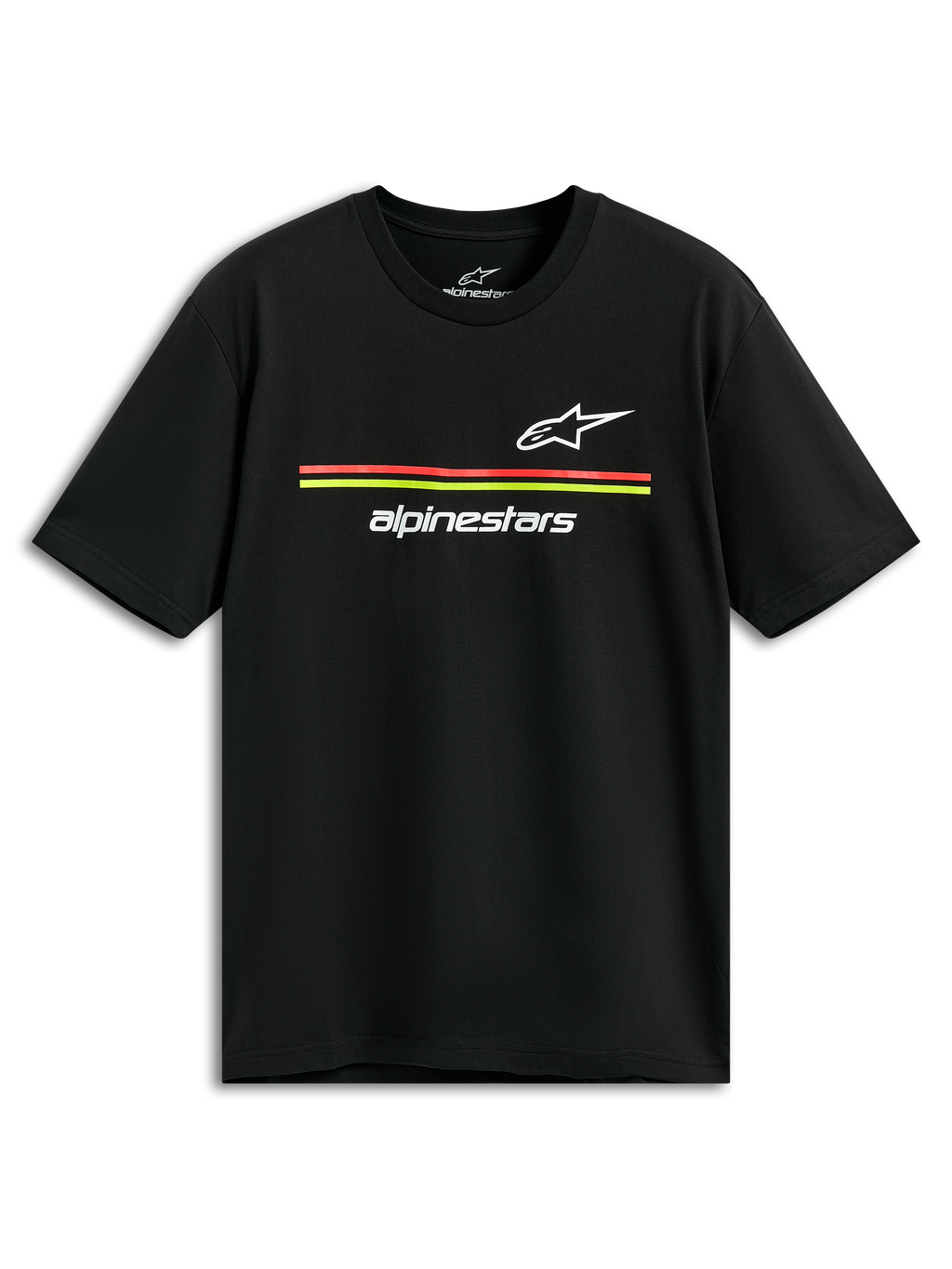 Alpinestars Lanes CSF Tee, koszulka z krótkim rękawem, czarna, białe logo Astars i Alpinestars z czerwonymi i żółtymi paskami, casualowy streetwear w stylu motorsportowym