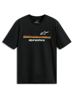 Alpinestars Lanes CSF Tee, koszulka z krótkim rękawem, czarna, białe logo Astars i Alpinestars z czerwonymi i żółtymi paskami, casualowy streetwear w stylu motorsportowym