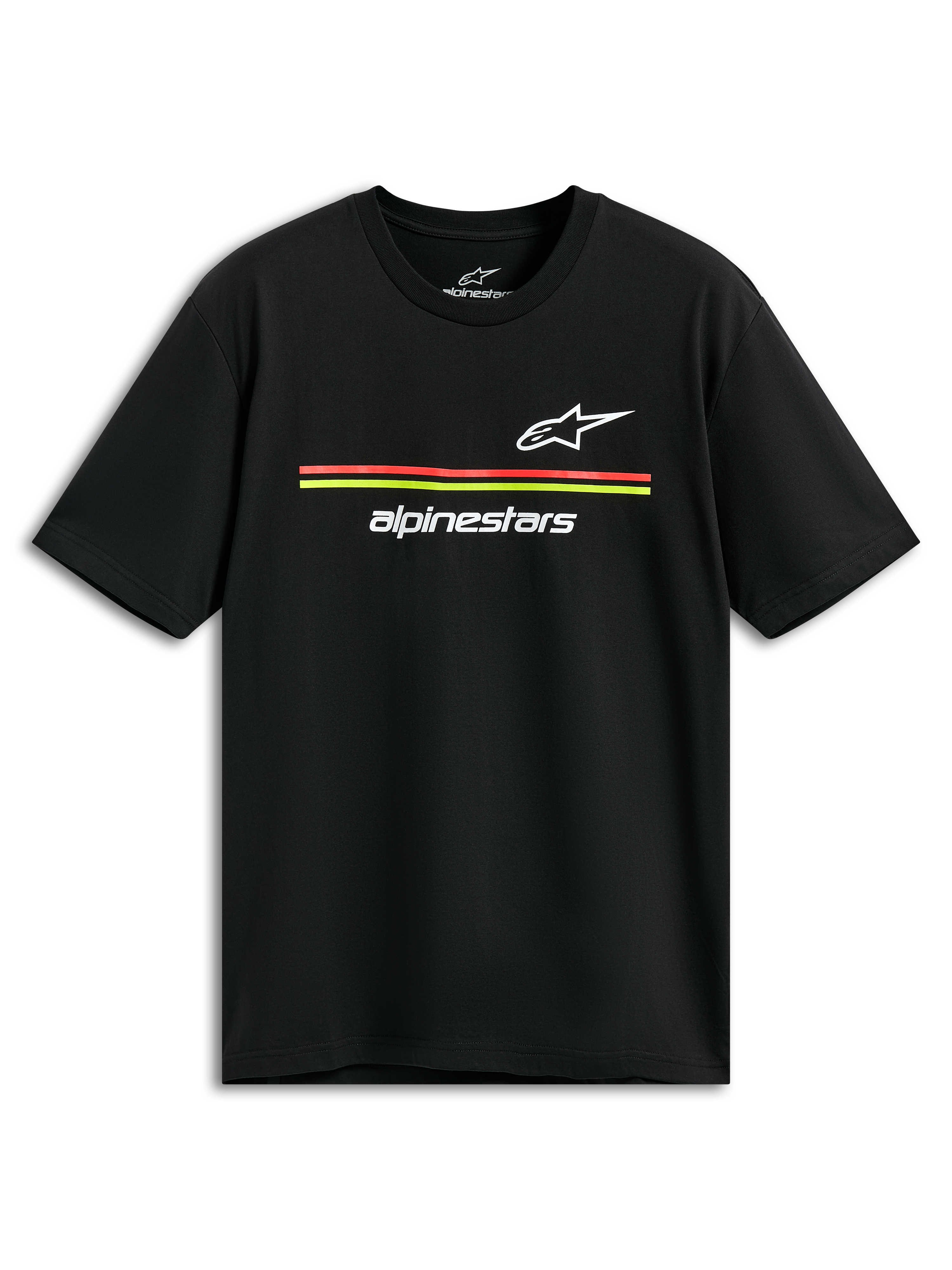 Alpinestars Lanes CSF Tee, koszulka z krótkim rękawem, czarna, białe logo Astars i Alpinestars z czerwonymi i żółtymi paskami, casualowy streetwear w stylu motorsportowym