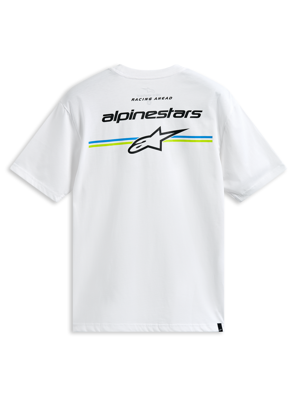 Alpinestars Lanes CSF Tee, biała koszulka z krótkim rękawem, z napisem Alpinestars i logo Astars na niebieskich i limonkowych pasach na plecach, codzienna odzież motorsportowa