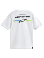 Alpinestars Lanes CSF Tee, biała koszulka z krótkim rękawem, z napisem Alpinestars i logo Astars na niebieskich i limonkowych pasach na plecach, codzienna odzież motorsportowa