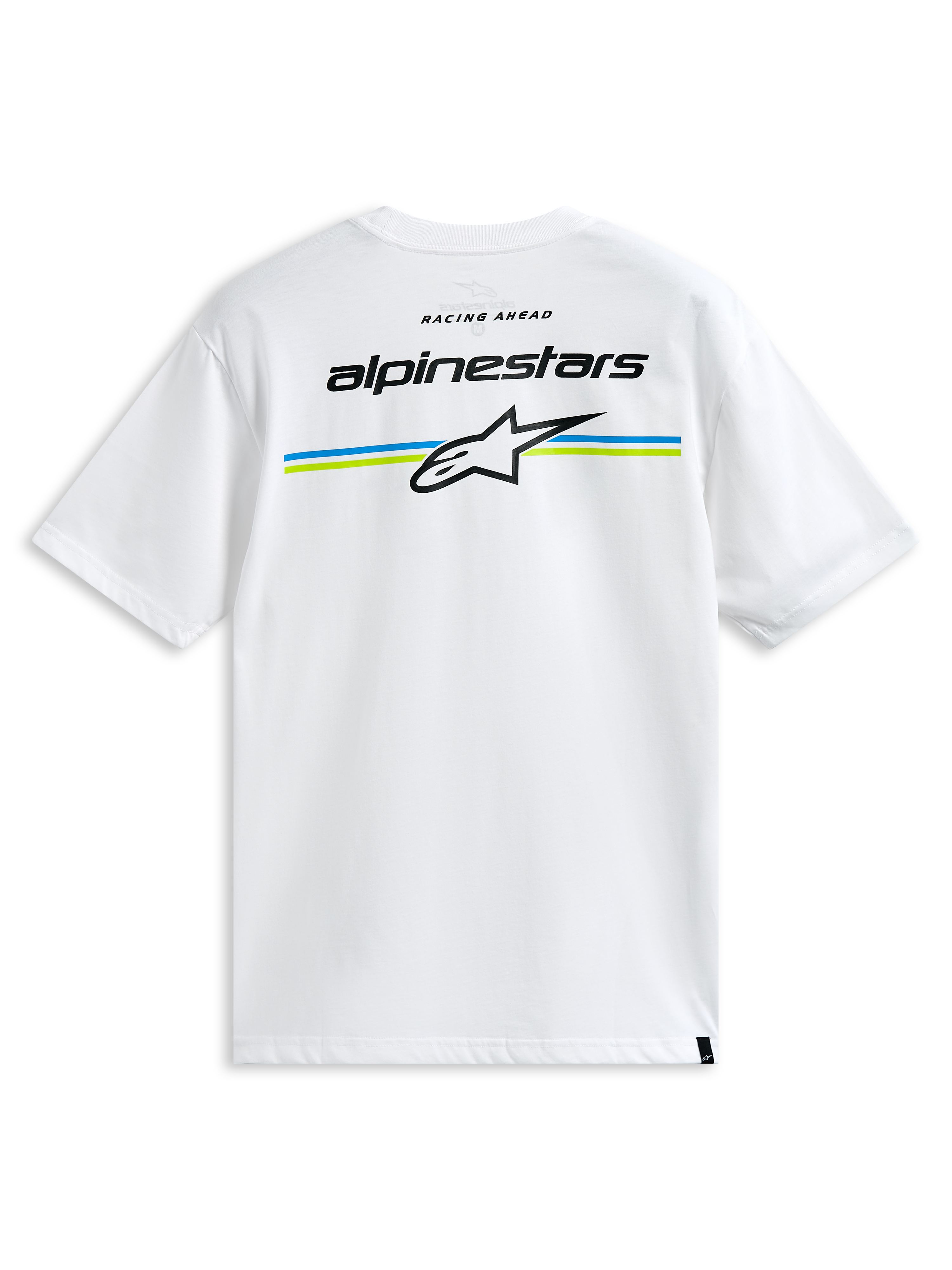 Alpinestars Lanes CSF Tee, biała koszulka z krótkim rękawem, z napisem Alpinestars i logo Astars na niebieskich i limonkowych pasach na plecach, codzienna odzież motorsportowa