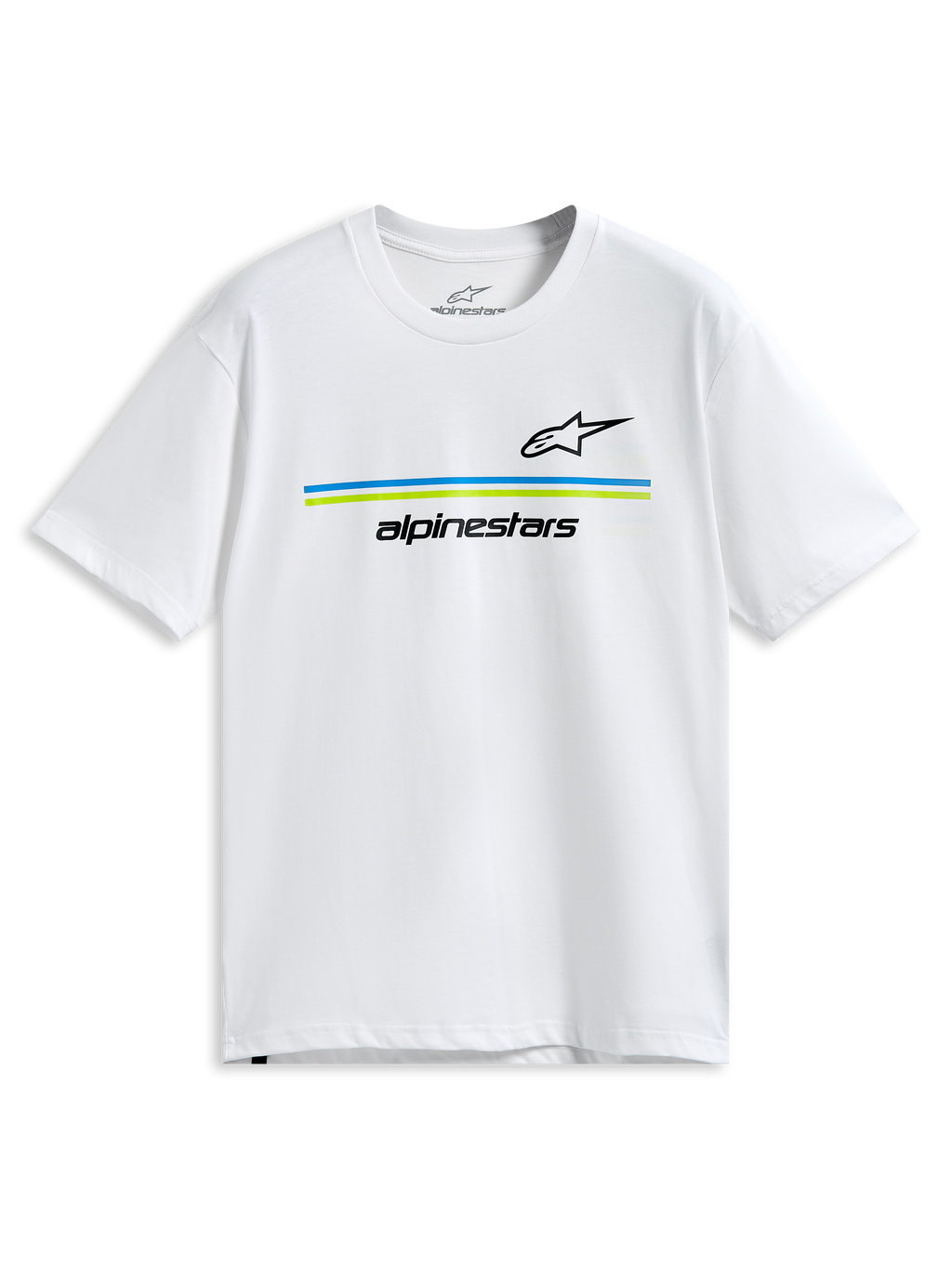 Alpinestars Lanes CSF Tee, biała koszulka z krótkim rękawem, czarne logo Astars i Alpinestars z niebieskimi i limonkowymi poziomymi paskami, codzienna odzież sportowa