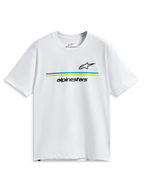 Alpinestars Lanes CSF Tee, biała koszulka z krótkim rękawem, czarne logo Astars i Alpinestars z niebieskimi i limonkowymi poziomymi paskami, codzienna odzież sportowa