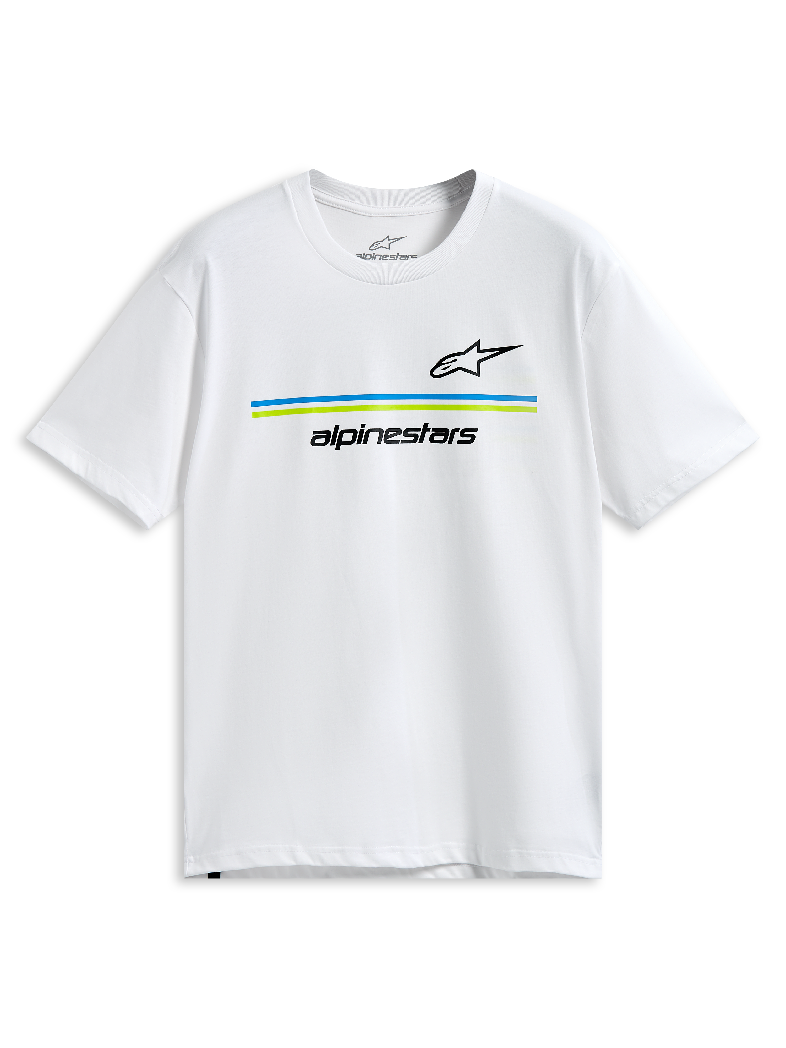 Alpinestars Lanes CSF Tee, biała koszulka z krótkim rękawem, czarne logo Astars i Alpinestars z niebieskimi i limonkowymi poziomymi paskami, codzienna odzież sportowa