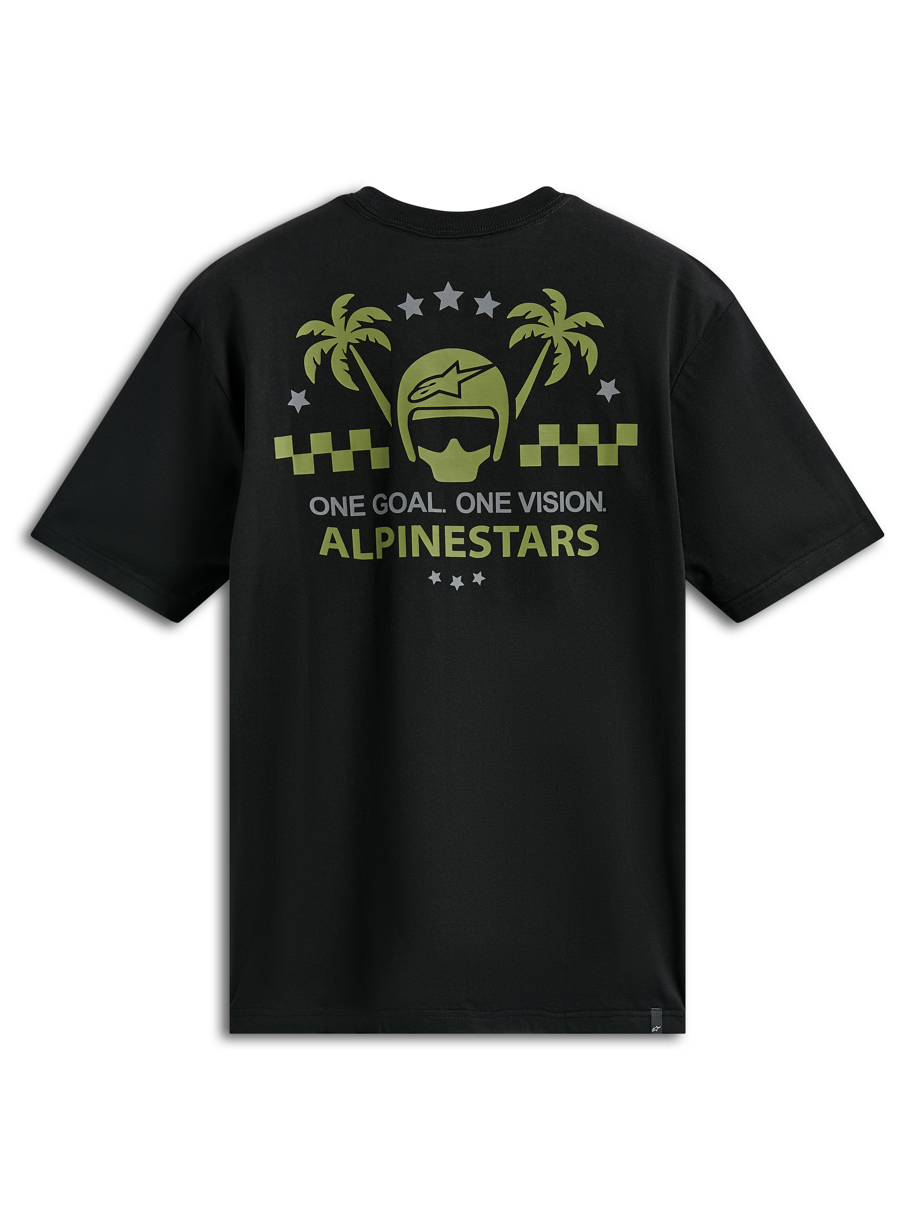 Alpinestars Order CSF Tee, koszulka z krótkim rękawem, czarna, oliwkowa i szara grafika z kaskiem i palmami, napis „One Goal One Vision”, codzienna odzież sportowa w stylu motorsportowym