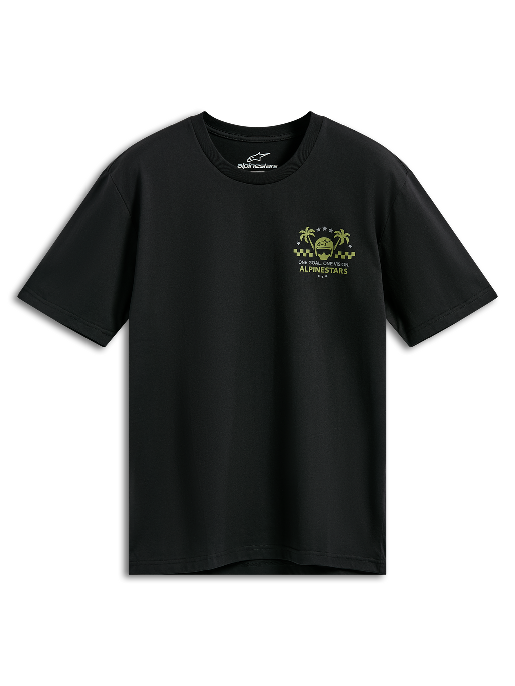 Alpinestars Order CSF Tee, czarny t-shirt z krótkim rękawem, żółta i zielona grafika na piersi z kaskiem i palmami, napis „One Goal One Vision”, codzienna odzież motorsportowa streetwear