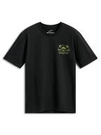 Alpinestars Order CSF Tee, czarny t-shirt z krótkim rękawem, żółta i zielona grafika na piersi z kaskiem i palmami, napis „One Goal One Vision”, codzienna odzież motorsportowa streetwear