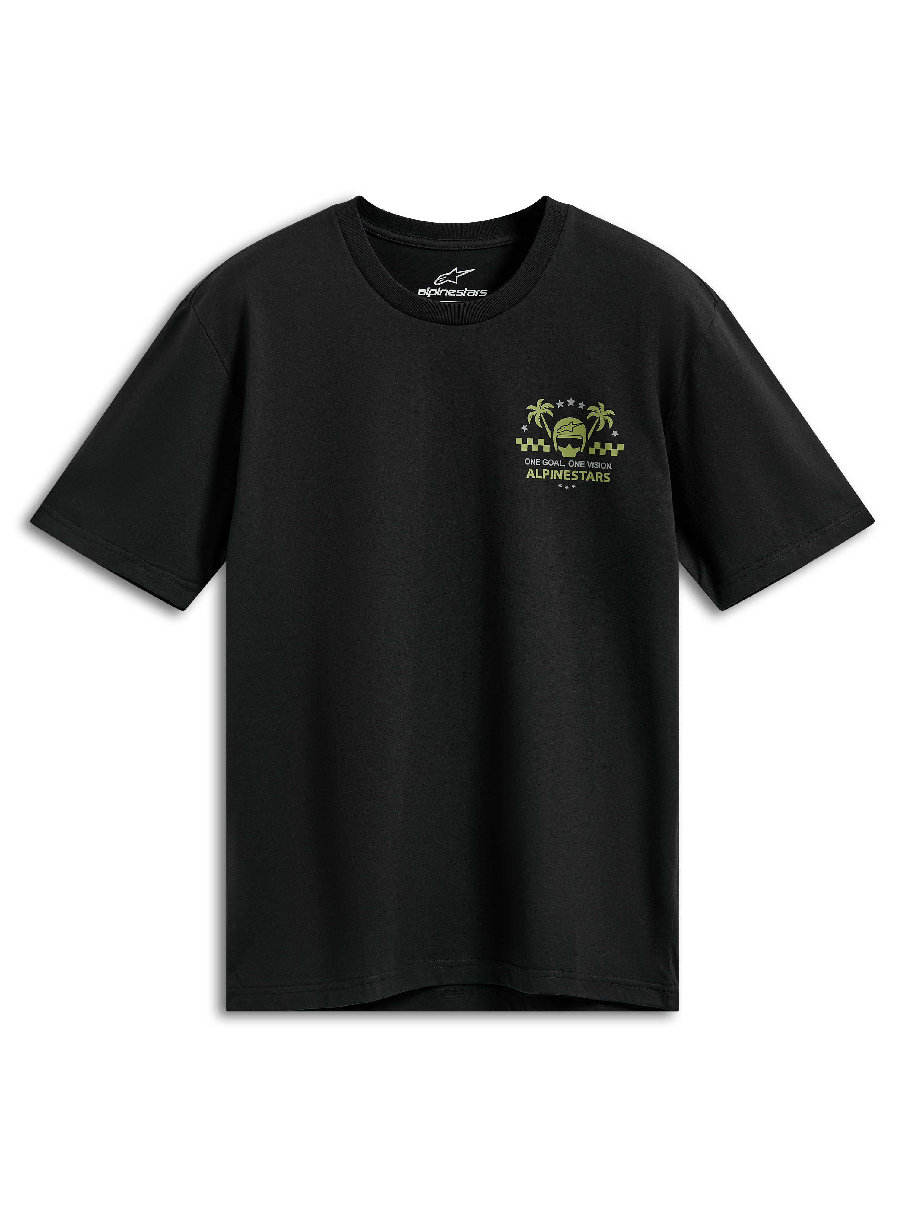 Alpinestars Order CSF Tee, czarny t-shirt z krótkim rękawem, żółta i zielona grafika na piersi z kaskiem i palmami, napis „One Goal One Vision”, codzienna odzież motorsportowa streetwear