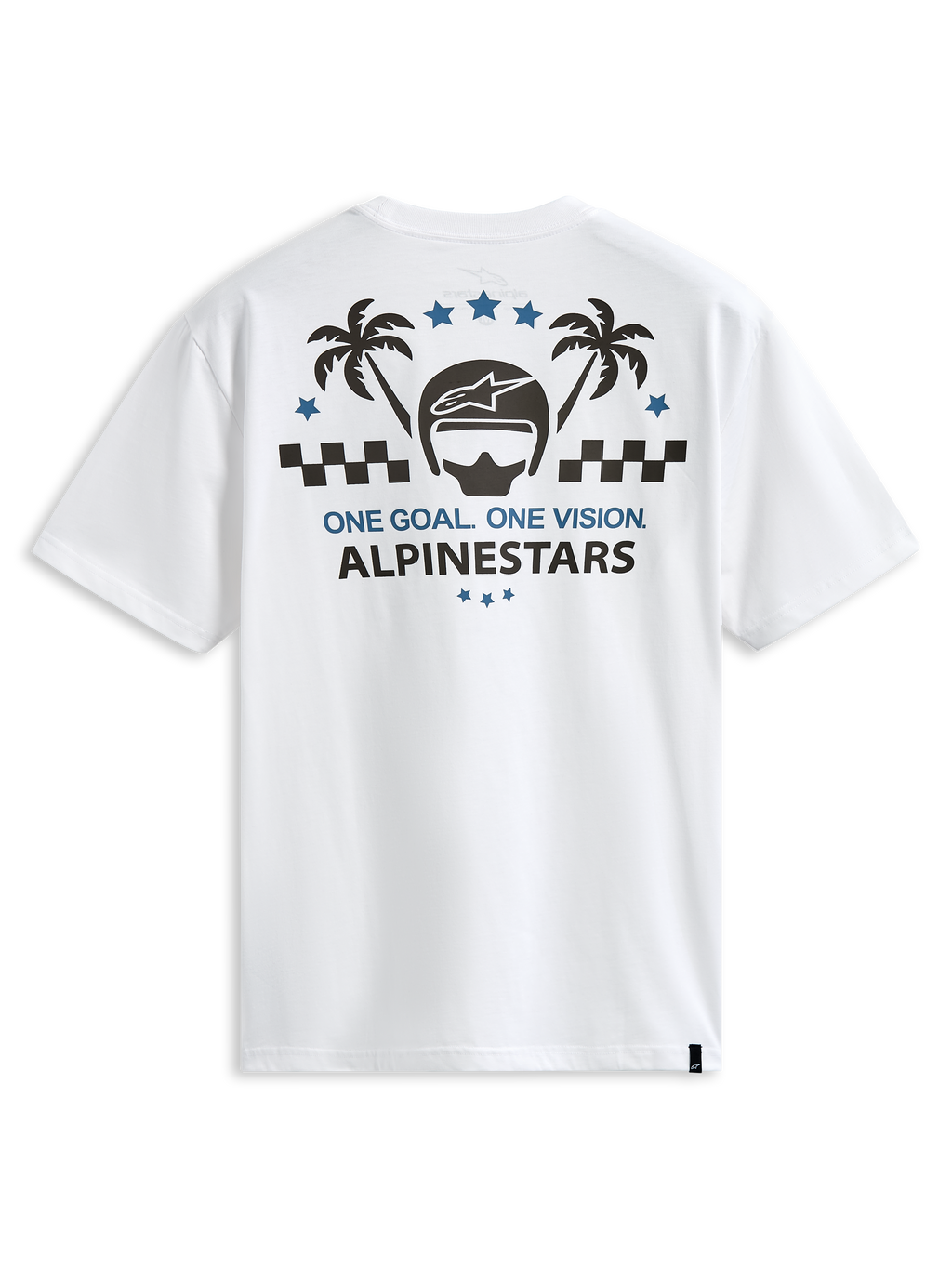 Alpinestars Order CSF Tee, biały t-shirt z krótkim rękawem, grafika na plecach z kaskiem i palmami, napis "One Goal One Vision", casualowy styl motorsportowy streetwear