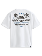 Alpinestars Order CSF Tee, biały t-shirt z krótkim rękawem, grafika na plecach z kaskiem i palmami, napis "One Goal One Vision", casualowy styl motorsportowy streetwear