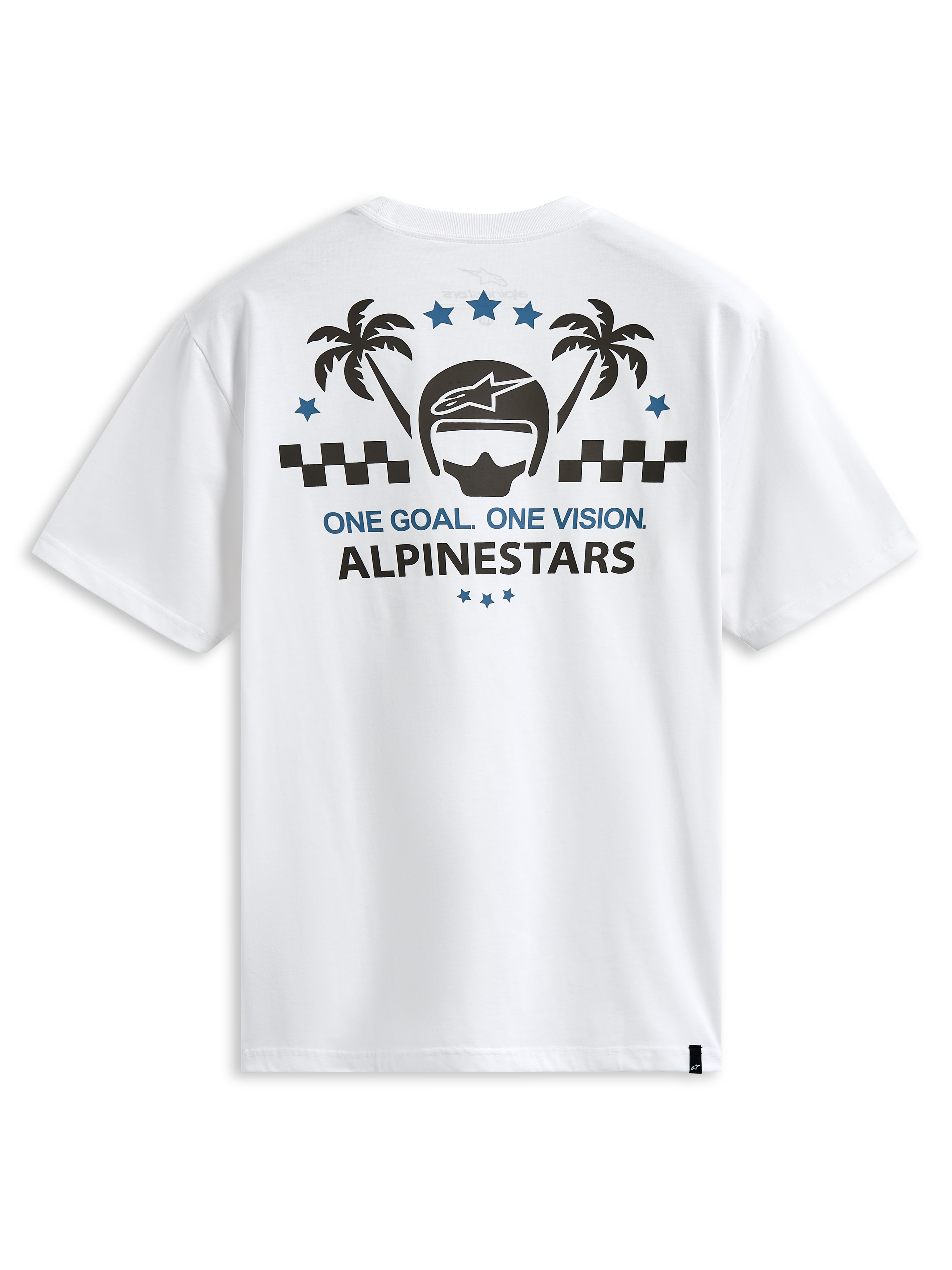Alpinestars Order CSF Tee, biały t-shirt z krótkim rękawem, grafika na plecach z kaskiem i palmami, napis "One Goal One Vision", casualowy styl motorsportowy streetwear