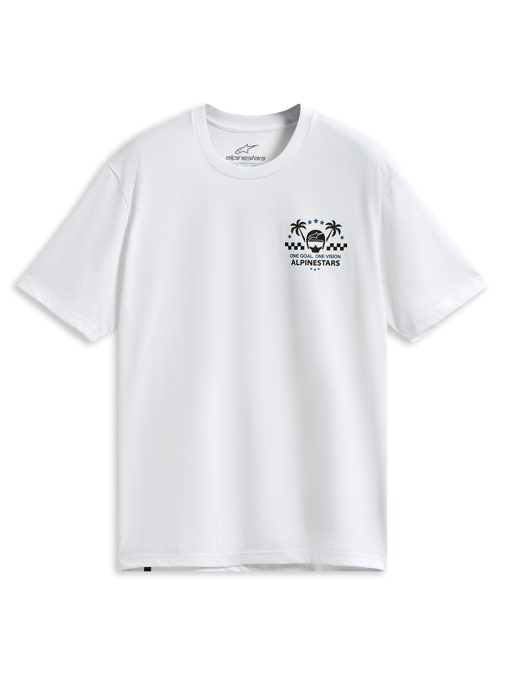 Alpinestars Order CSF Tee, koszulka z krótkim rękawem, biała, grafika na piersi z palmami i kaskiem wyścigowym, napis „One Goal One Vision”, casualowa odzież sportowa w stylu motorsport