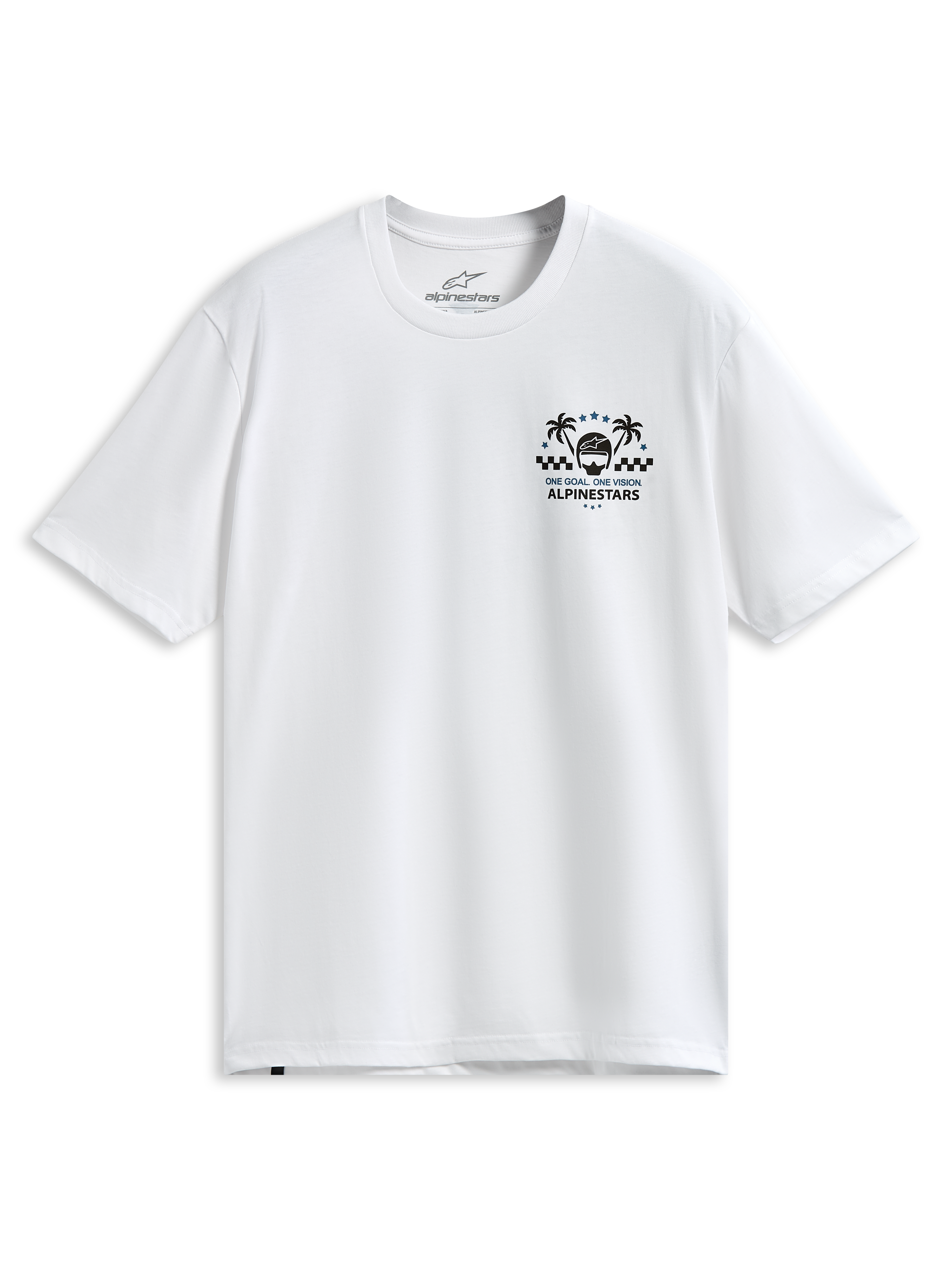 Alpinestars Order CSF Tee, koszulka z krótkim rękawem, biała, grafika na piersi z palmami i kaskiem wyścigowym, napis „One Goal One Vision”, casualowa odzież sportowa w stylu motorsport