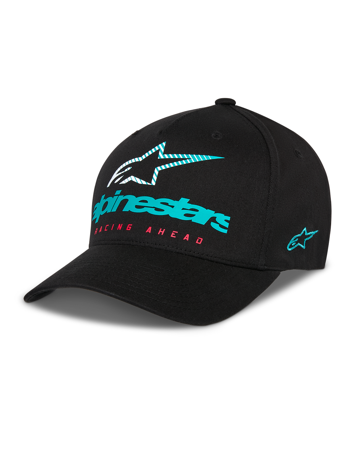 Alpinestars Instinct Hat, czarna czapka z daszkiem, turkusowe logo Alpinestars i pasiasta gwiazda z przodu, czerwony napis „Racing Ahead”, turkusowy haft z boku, sportowe nakrycie głowy