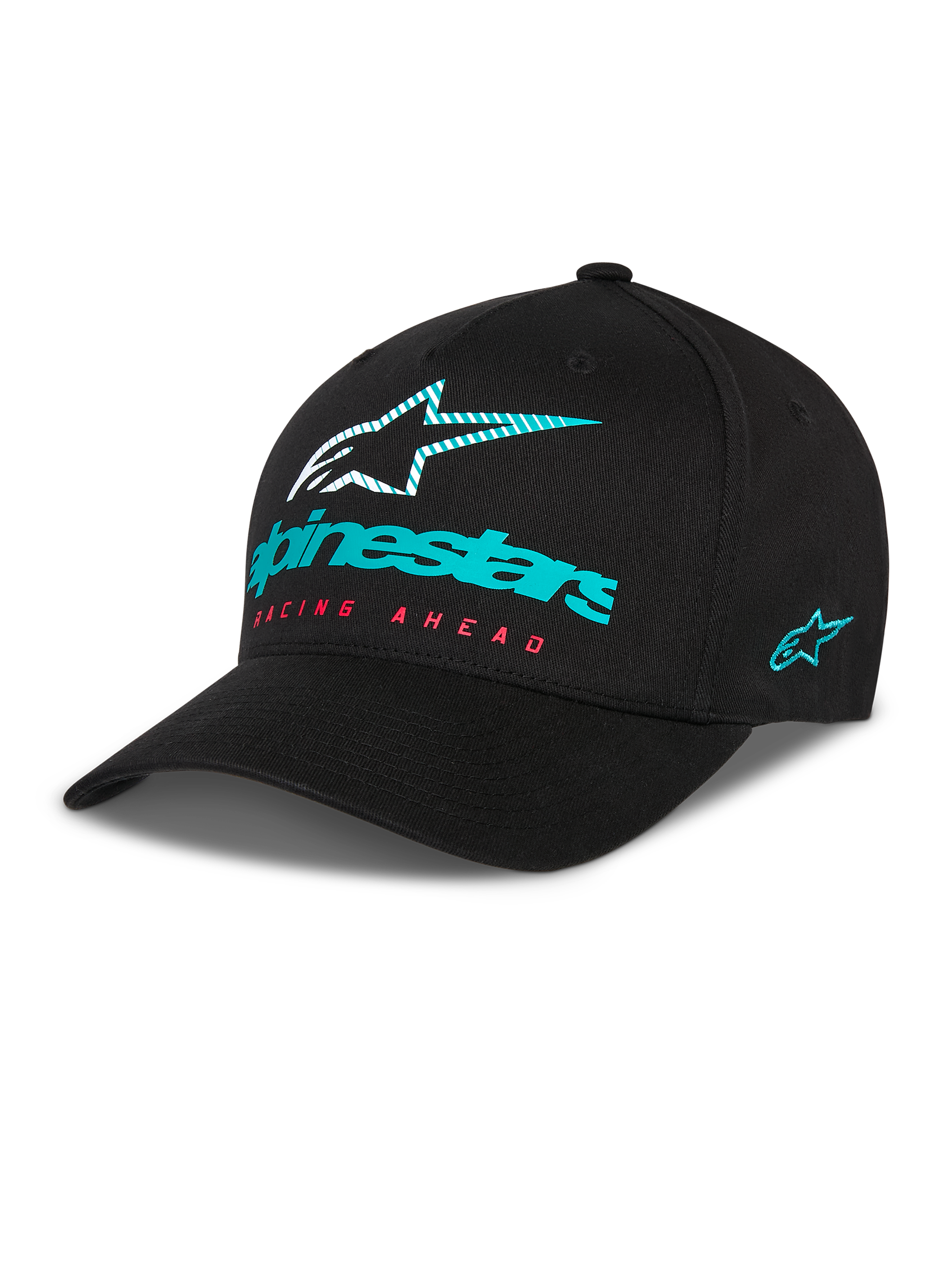 Alpinestars Instinct Hat, czarna czapka z daszkiem, turkusowe logo Alpinestars i pasiasta gwiazda z przodu, czerwony napis „Racing Ahead”, turkusowy haft z boku, sportowe nakrycie głowy