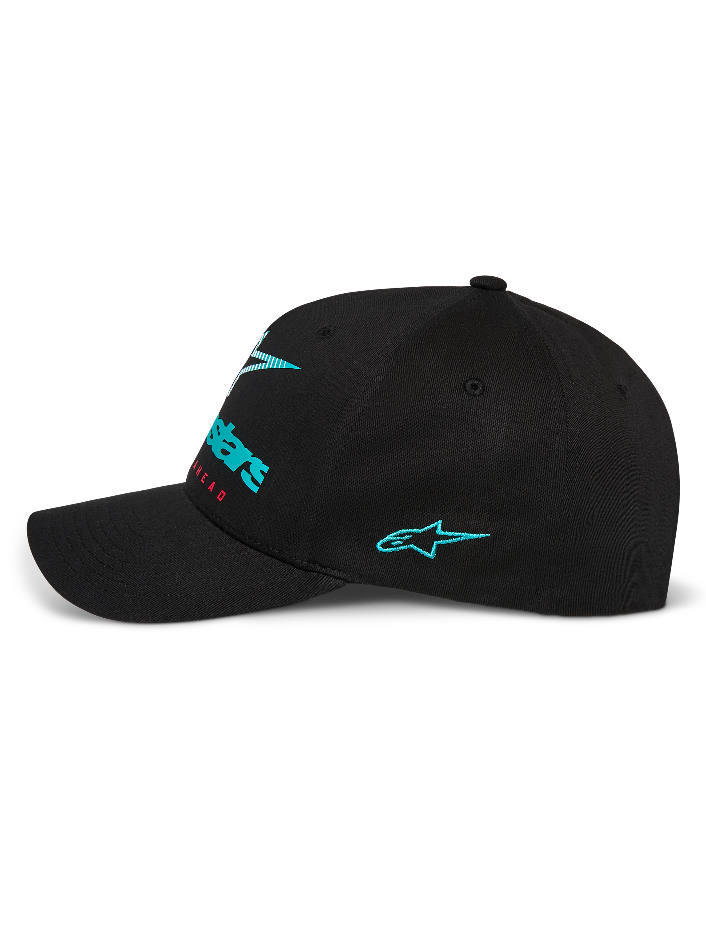 Alpinestars Instinct Hat, side profile of black baseball cap, featuring a teal embroidered Astars logo on the side and gradient front branding, curved bill with structured crown, casual motorsport streetwear
