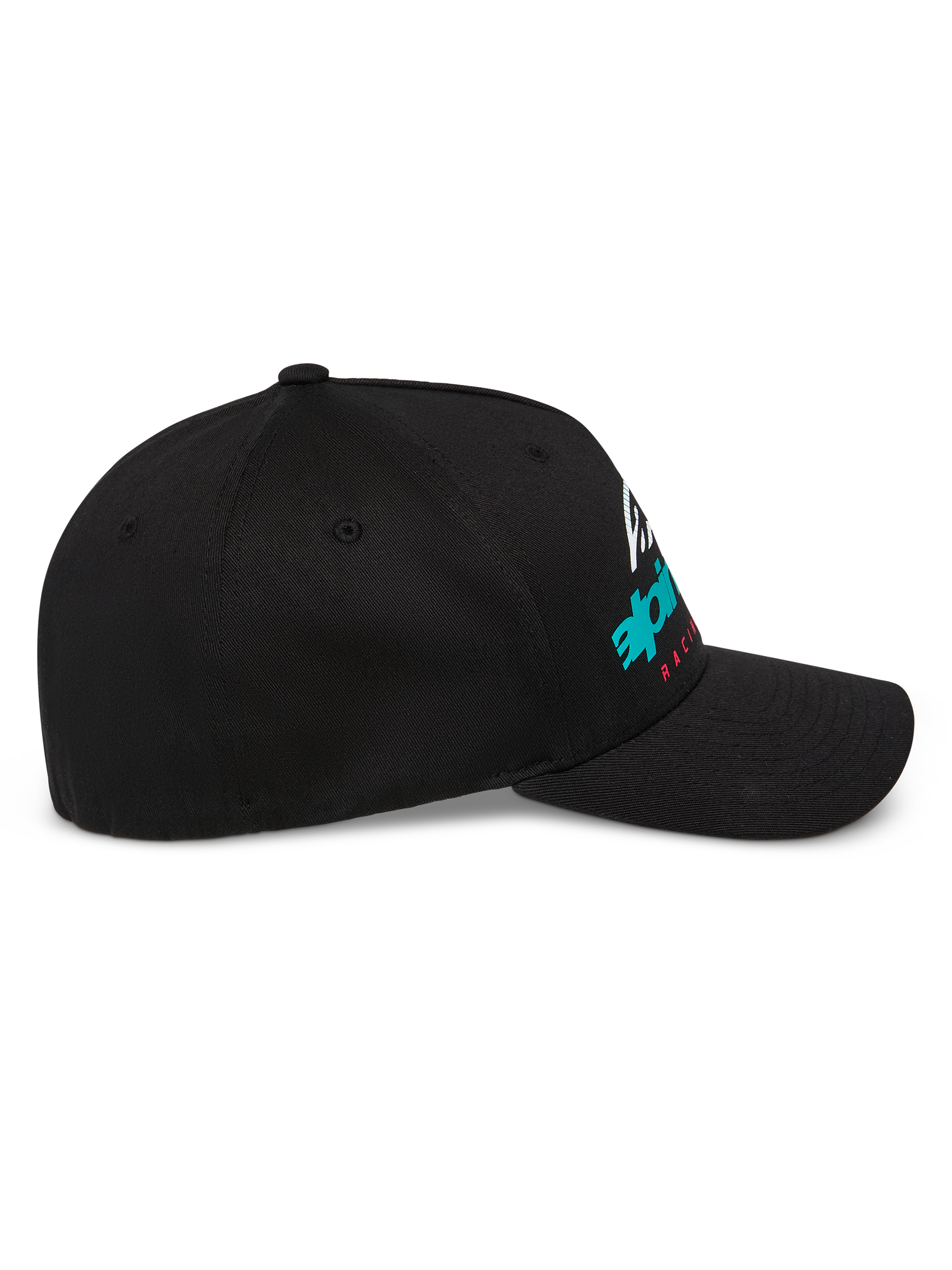 Alpinestars Instinct Hat, structured baseball cap, Black, side profile featuring curved bill and gradient Astars logo print, casual motorsport streetwear