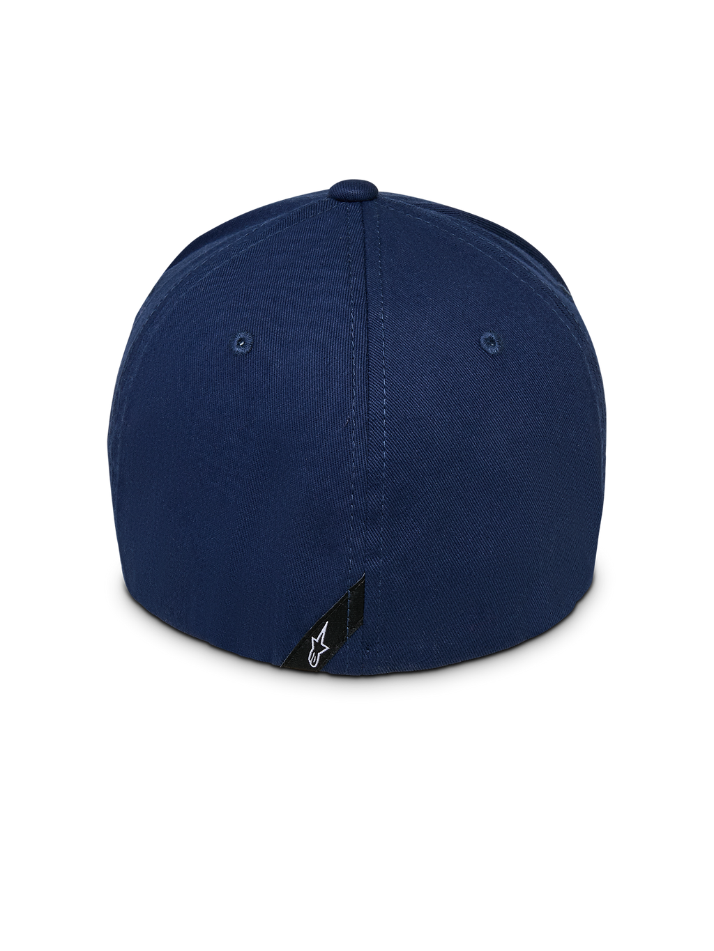 Alpinestars Instinct Hat, granatowa czapka z daszkiem, widok z tyłu przedstawiający strukturalną koronę i elastyczny tył, z małą czarną metką z białym logo gwiazdy Astars przy dolnej krawędzi
