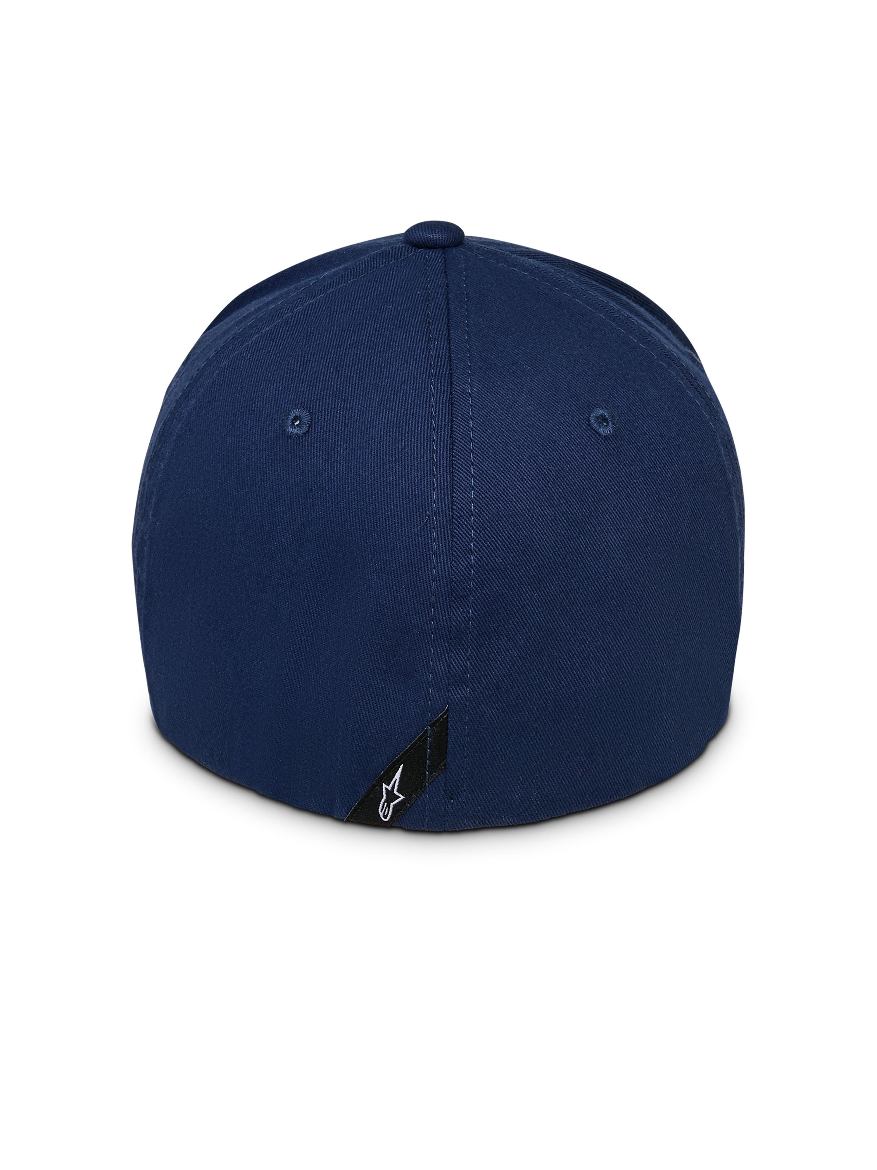 Alpinestars Instinct Hat, granatowa czapka z daszkiem, widok z tyłu przedstawiający strukturalną koronę i elastyczny tył, z małą czarną metką z białym logo gwiazdy Astars przy dolnej krawędzi