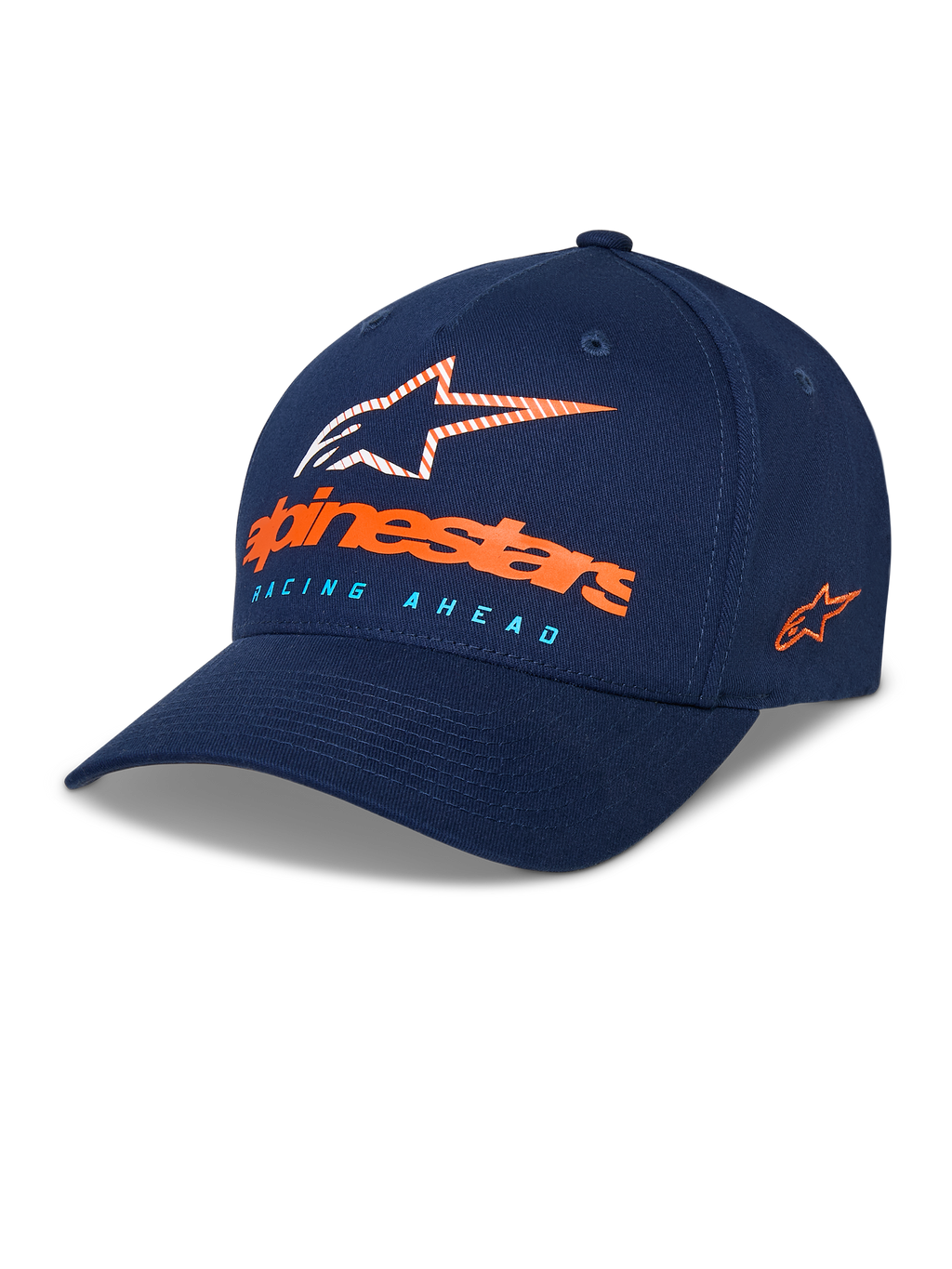 Alpinestars Instinct Hat, granatowa czapka z daszkiem, zakrzywiony daszek ze strukturalną koroną, logo Astars z przodu z pomarańczowym napisem i jasnoniebieskim tekstem „Racing Ahead”, haftowane logo z boku, sportowe nakrycie głowy w stylu casual
