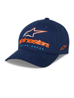 Alpinestars Instinct Hat, granatowa czapka z daszkiem, zakrzywiony daszek ze strukturalną koroną, logo Astars z przodu z pomarańczowym napisem i jasnoniebieskim tekstem „Racing Ahead”, haftowane logo z boku, sportowe nakrycie głowy w stylu casual
