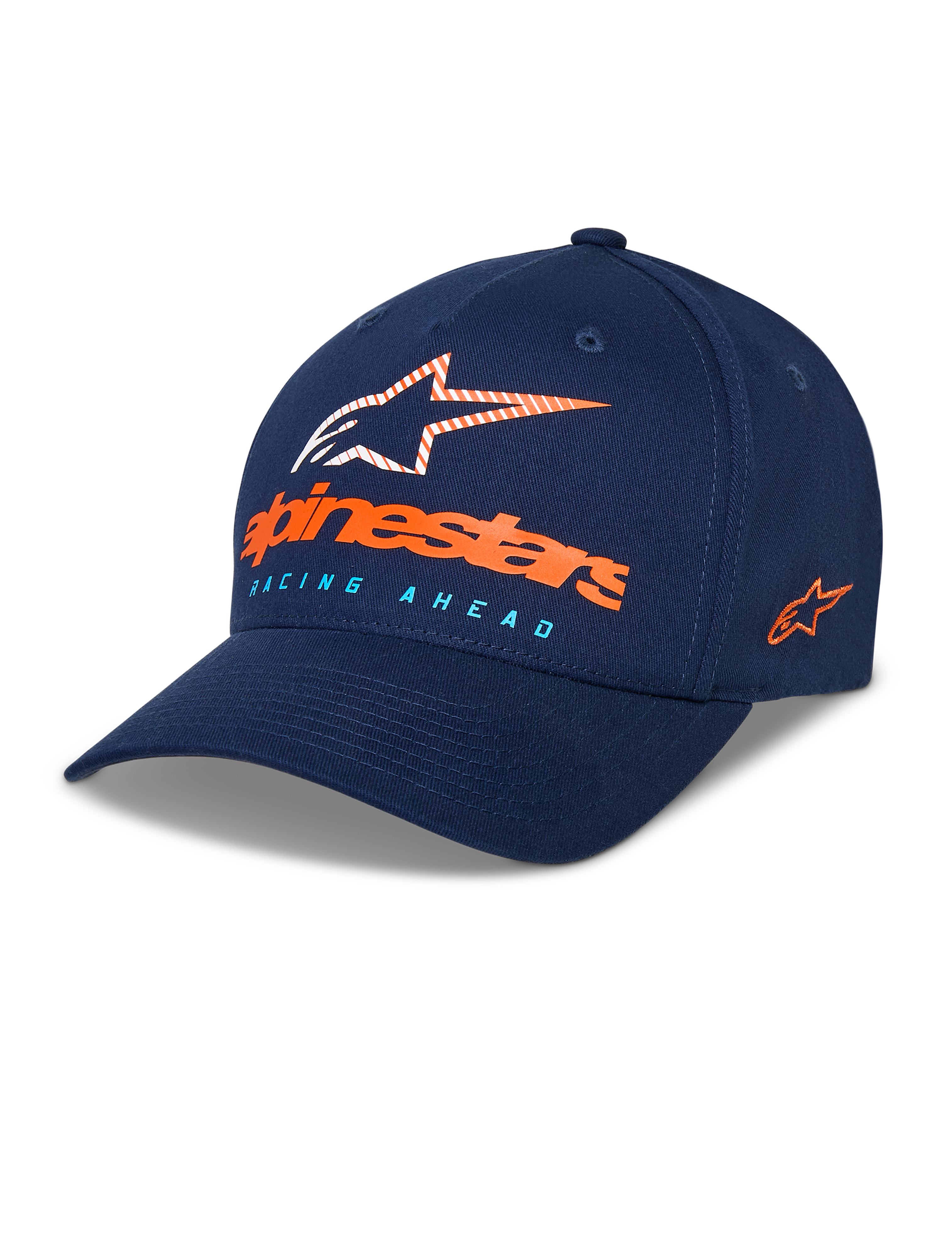 Alpinestars Instinct Hat, Navy Blue Baseball Cap, curved bill with structured crown, front Astars logo with orange wordmark and light blue "Racing Ahead" text, side embroidered logo, casual sportswear headwear