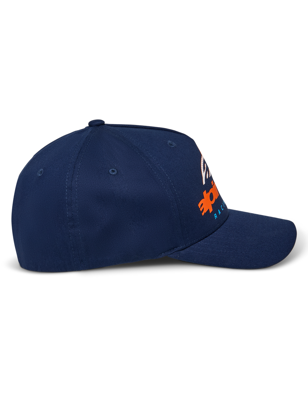 Czapka Alpinestars Instinct, granatowa, zakrzywiony daszek i usztywniona korona, widok z profilu z pomarańczowo-niebieskim gradientowym nadrukiem logo, casualowa odzież sportowa