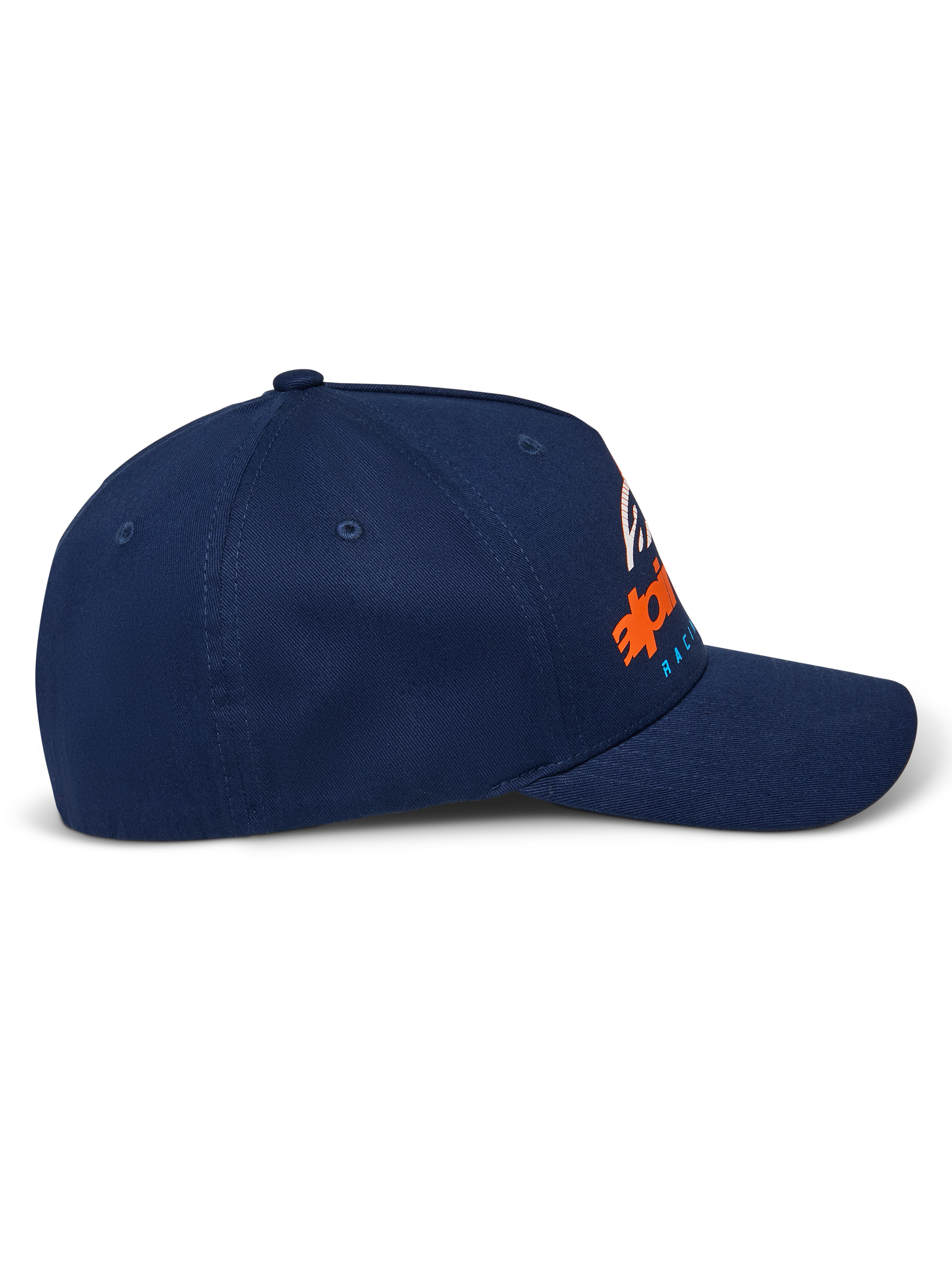 Czapka Alpinestars Instinct, granatowa, zakrzywiony daszek i usztywniona korona, widok z profilu z pomarańczowo-niebieskim gradientowym nadrukiem logo, casualowa odzież sportowa