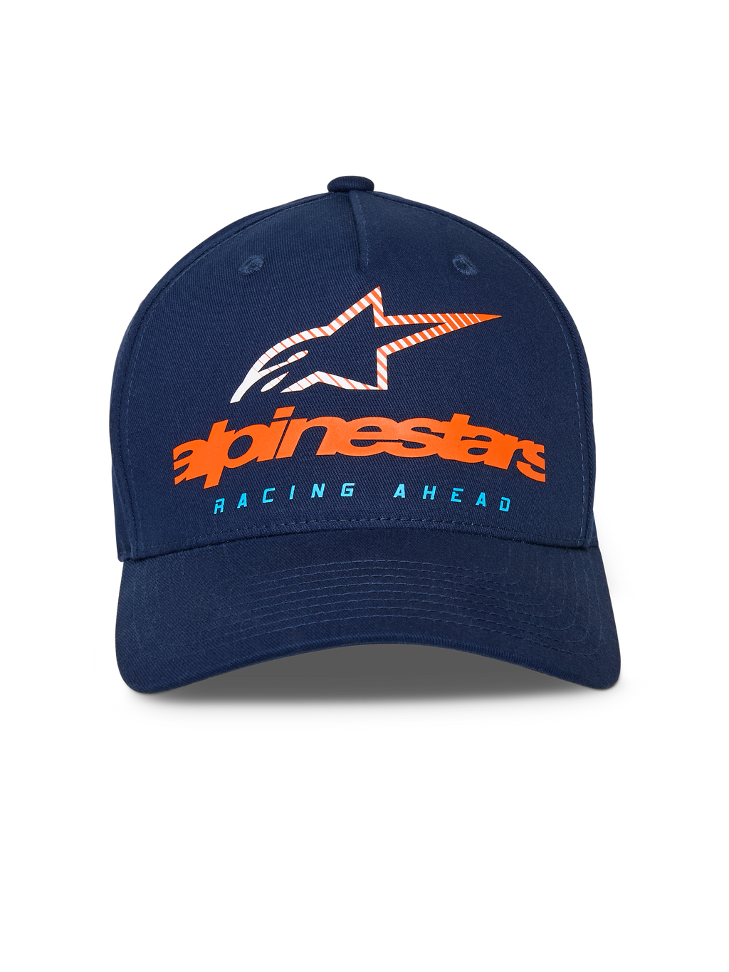 Alpinestars Instinct Hat, granatowa czapka z daszkiem, zakrzywiony daszek i usztywniana korona, pomarańczowy logotyp Alpinestars i prążkowane logo gwiazdy z przodu, jasnoniebieski napis „RACING AHEAD”, sportowa odzież casual
