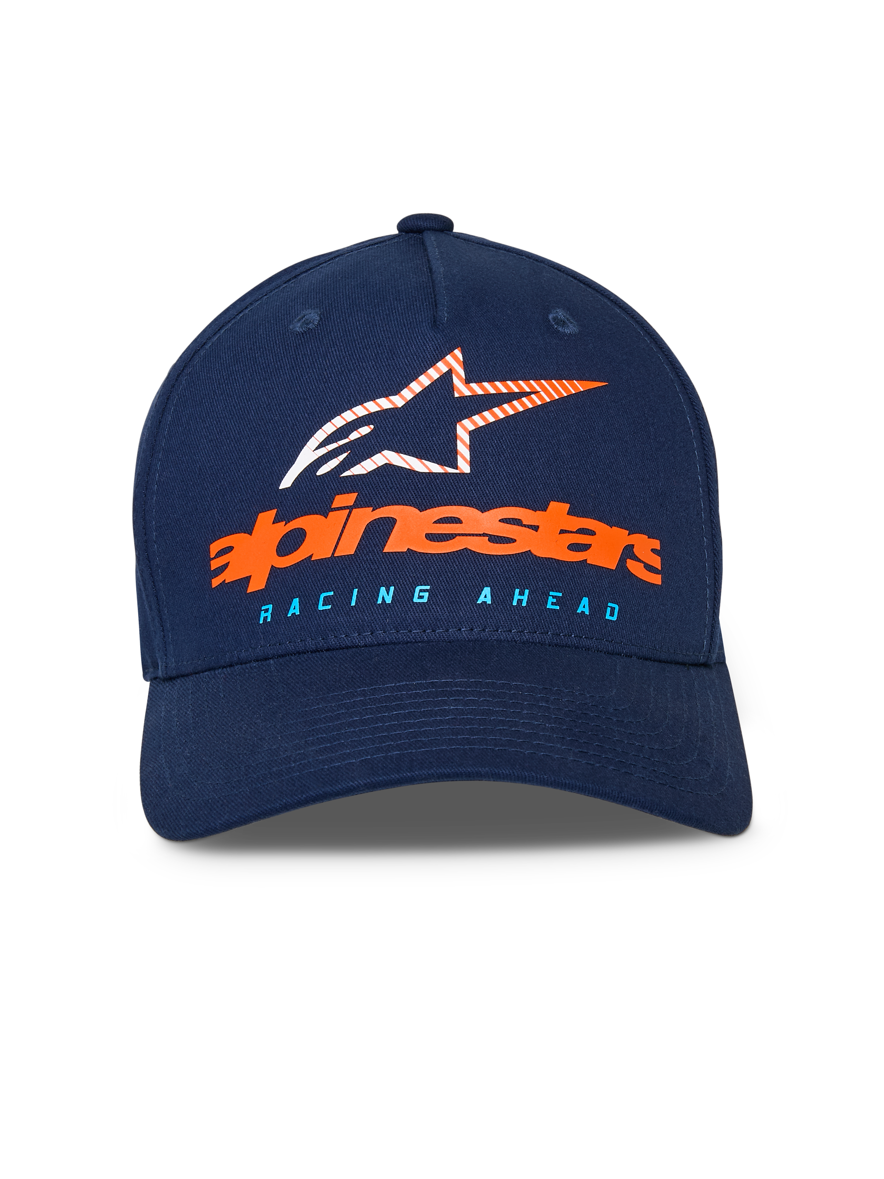 Alpinestars Instinct Hat, granatowa czapka z daszkiem, zakrzywiony daszek i usztywniana korona, pomarańczowy logotyp Alpinestars i prążkowane logo gwiazdy z przodu, jasnoniebieski napis „RACING AHEAD”, sportowa odzież casual