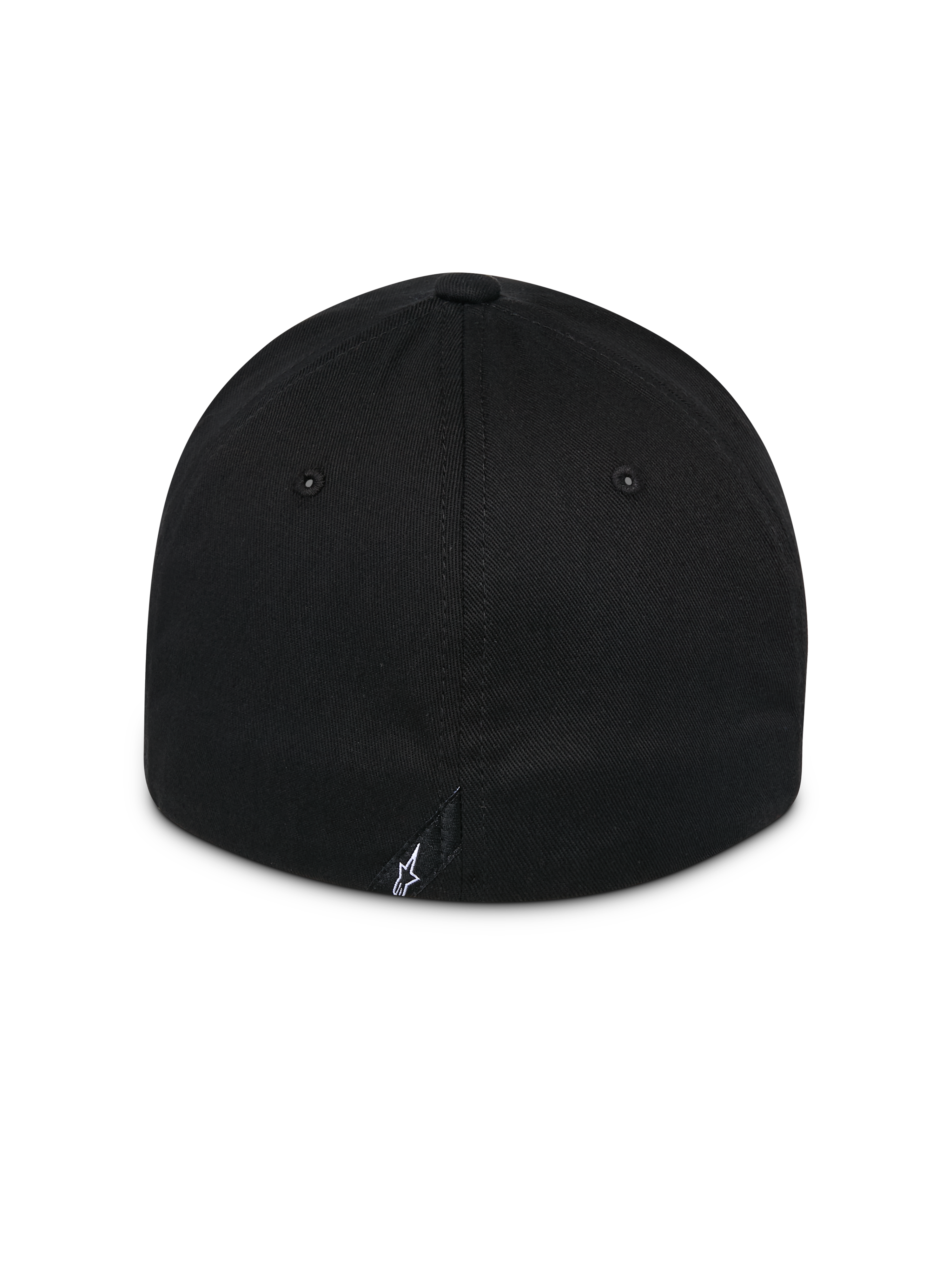 Alpinestars Surpass Hat, czarna, widok z tyłu czapki z wygiętym daszkiem o usztywnionej koronie, elastyczny tył typu flex back, małe białe logo Astars na tylnej metce, codzienne nakrycie głowy w stylu motorsport