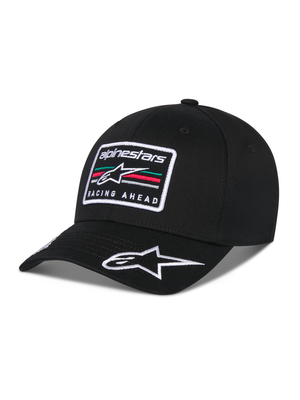 Alpinestars Surpass Hat, czarna czapka z daszkiem, prostokątna haftowana naszywka z przodu z logo Astars i napisem „Racing Ahead”, białe haftowane logo na daszku, usztywniana korona z tkaniny twill, casualowy styl streetwearowy inspirowany motorsportem.