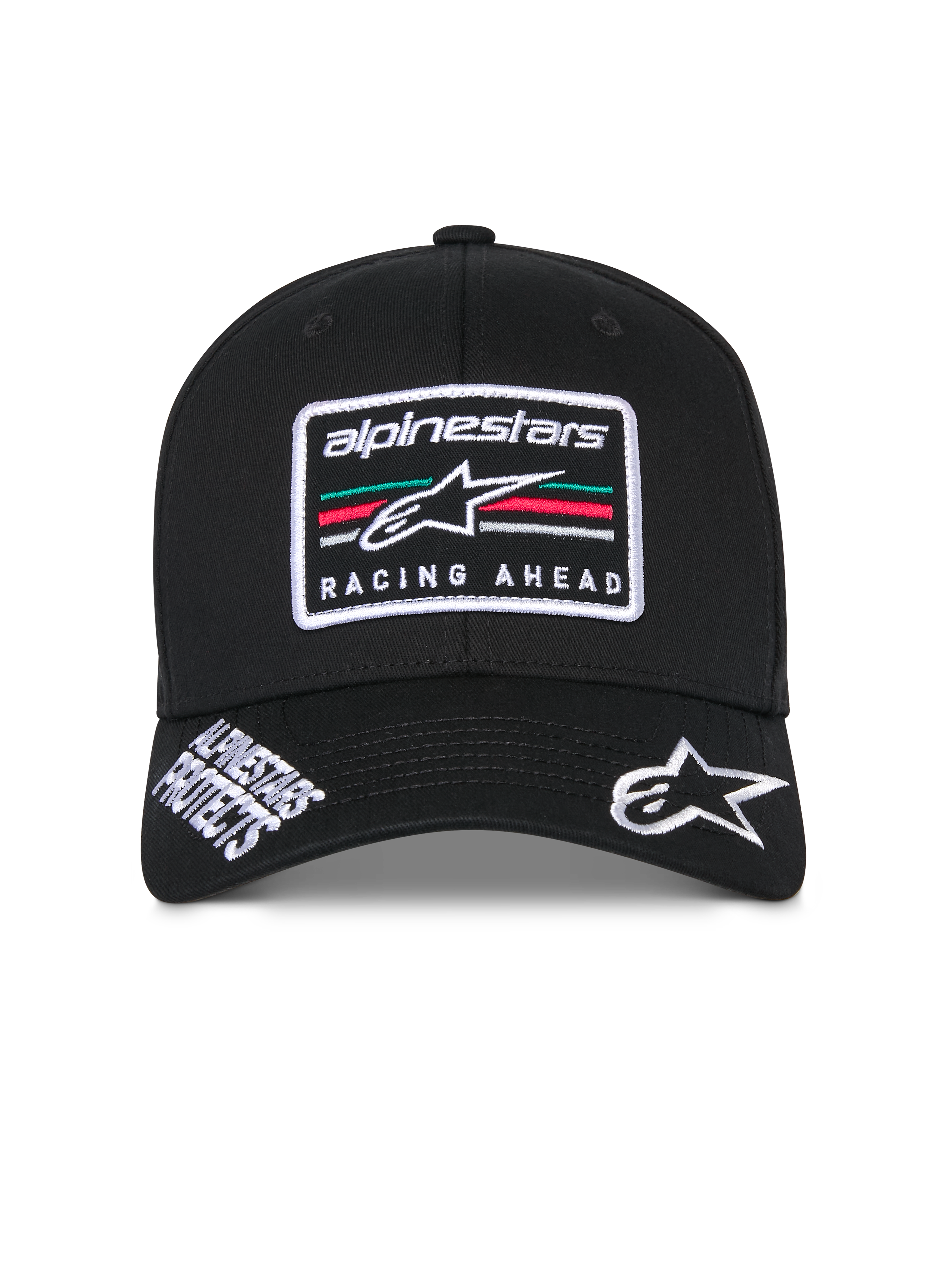 Alpinestars Surpass Hat, czarna usztywniana czapka z daszkiem, zakrzywiony daszek z białym haftowanym logo Astars i napisem „Alpinestars Protects”, z przodu naszywka z logo „Racing Ahead” i kolorowymi pasami, codzienne nakrycie głowy inspirowane sportami motorowymi
