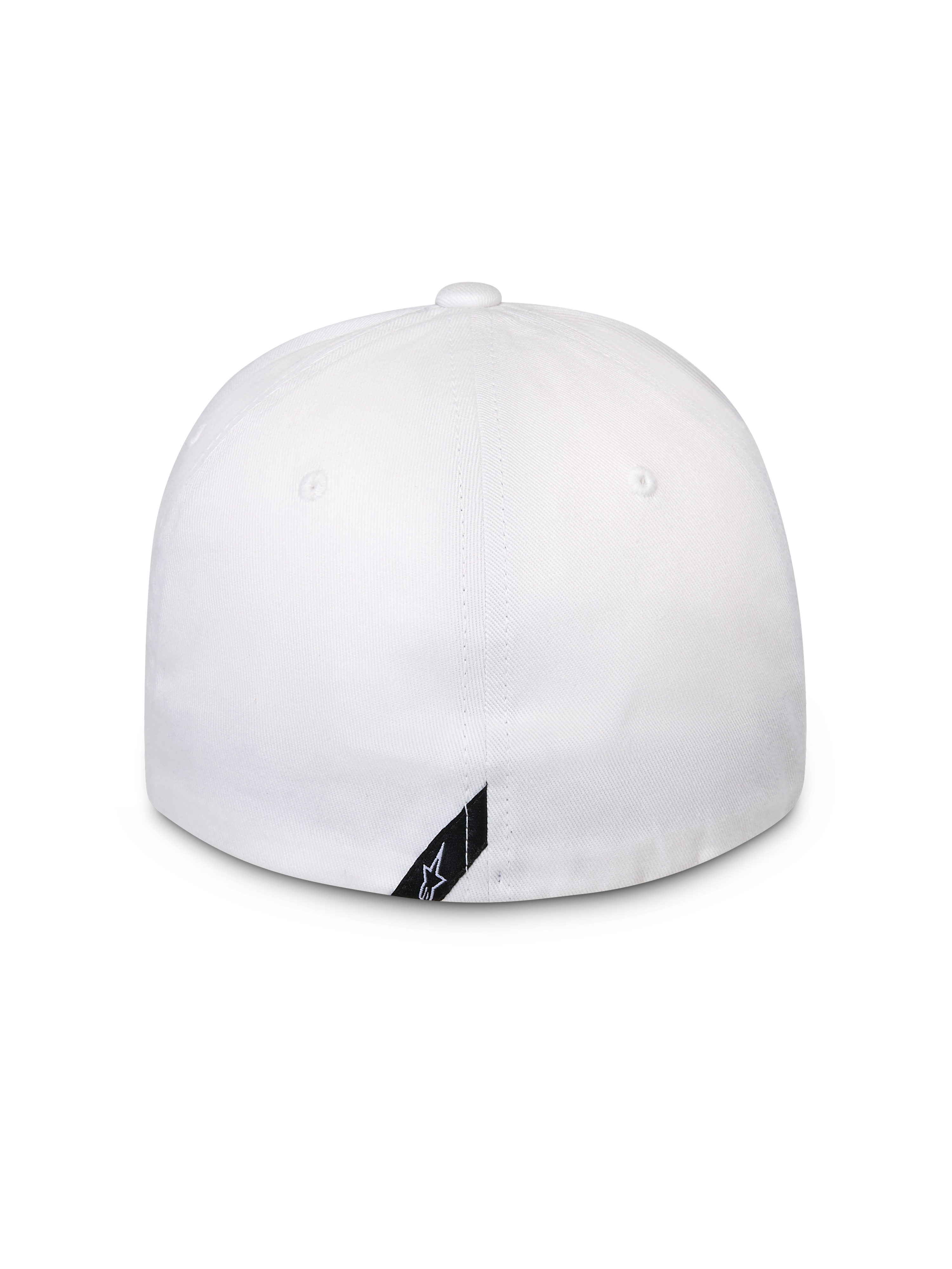 Czapka Alpinestars Surpass, biała, widok z tyłu czapki typu flex-back, usztywniana korona, mała czarna ukośna metka z logo Alpinestars na dolnej krawędzi, codzienna odzież sportowa