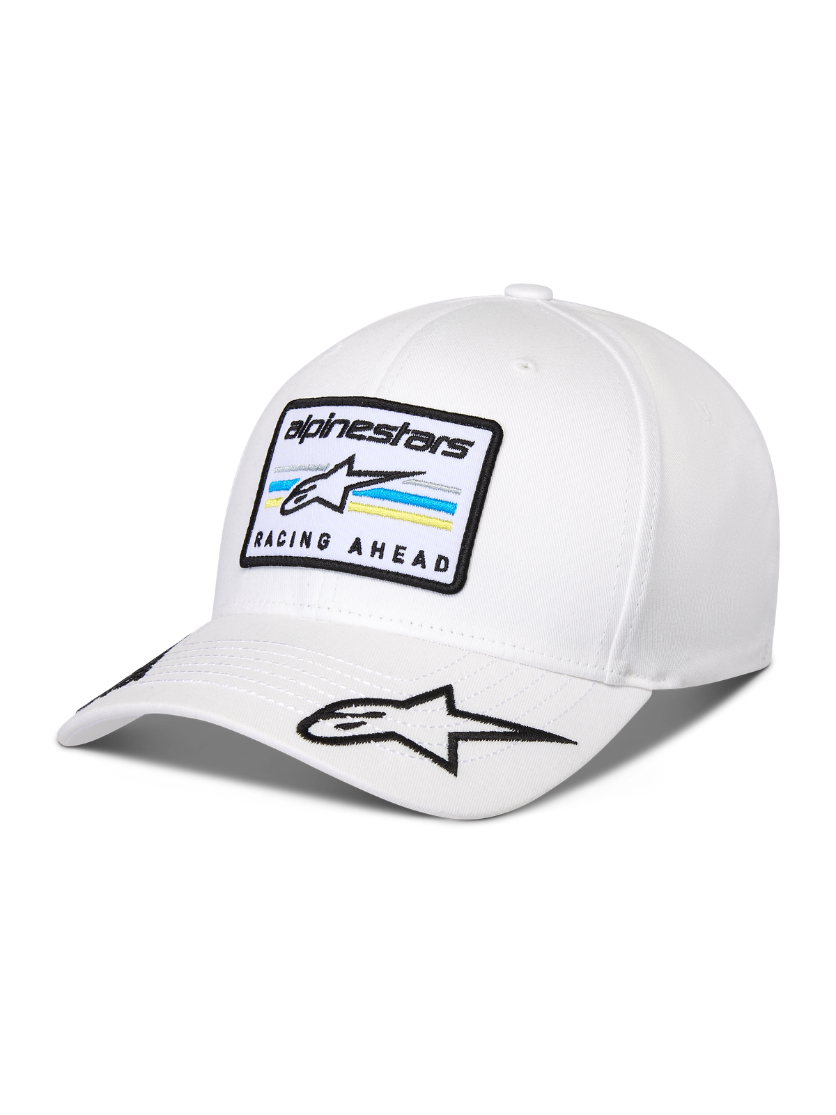 Alpinestars Surpass Hat, biała czapka z daszkiem z zakrzywionym daszkiem, usztywniana korona, haftowana naszywka z logo Astars i napisem „RACING AHEAD”, dodatkowe logo gwiazdy na daszku, codzienne nakrycie głowy inspirowane sportami motorowymi