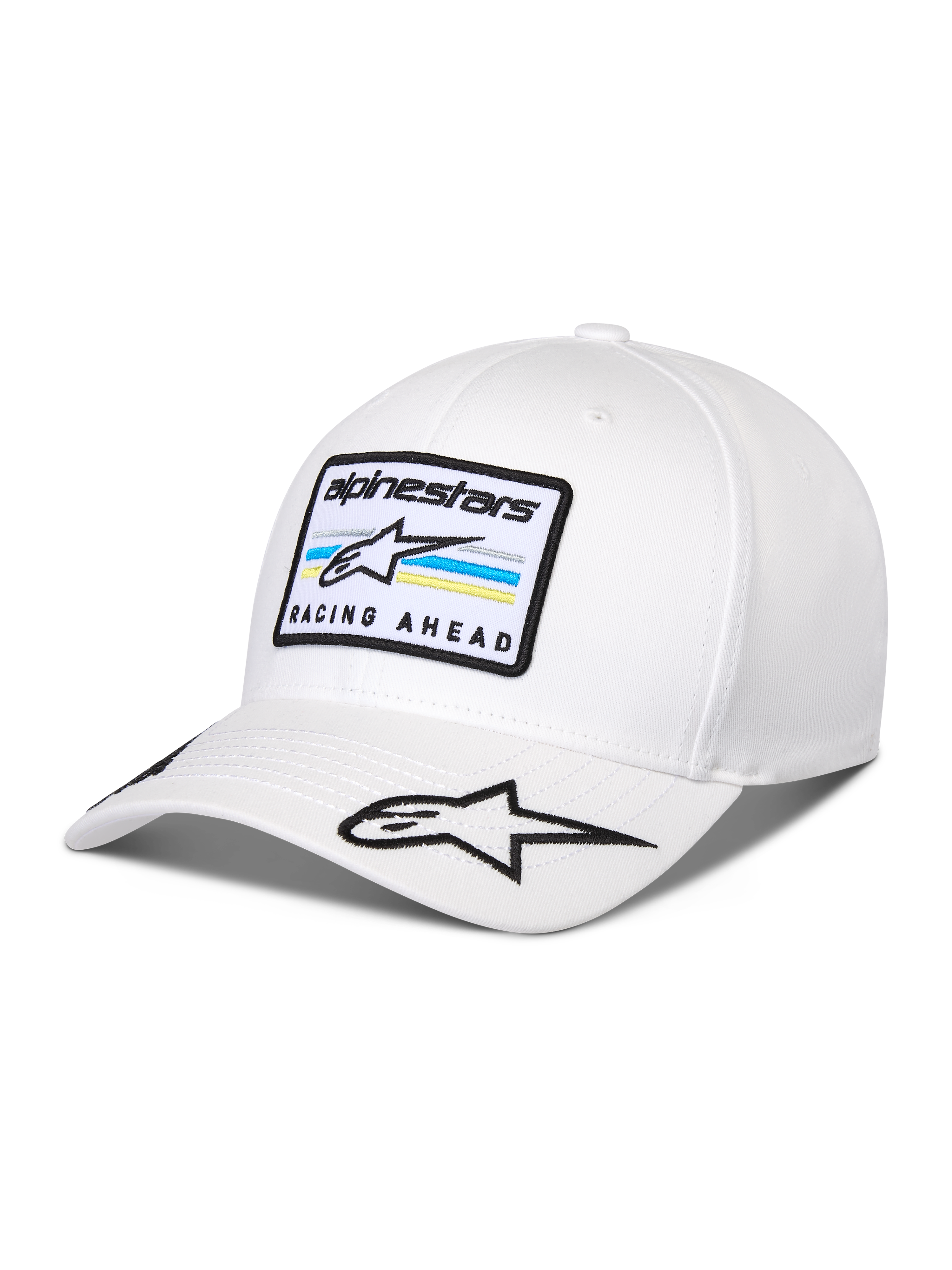 Alpinestars Surpass Hat, biała czapka z daszkiem z zakrzywionym daszkiem, usztywniana korona, haftowana naszywka z logo Astars i napisem „RACING AHEAD”, dodatkowe logo gwiazdy na daszku, codzienne nakrycie głowy inspirowane sportami motorowymi