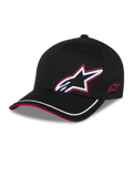 Alpinestars Corp Shift Relay Hat, Black, structured twill baseball cap with curved bill, white 3D Astars logo with red embroidery outline on the front, red logo on the side, white trim on the brim with red sandwich detail, casual motorsport-inspired headwear.
